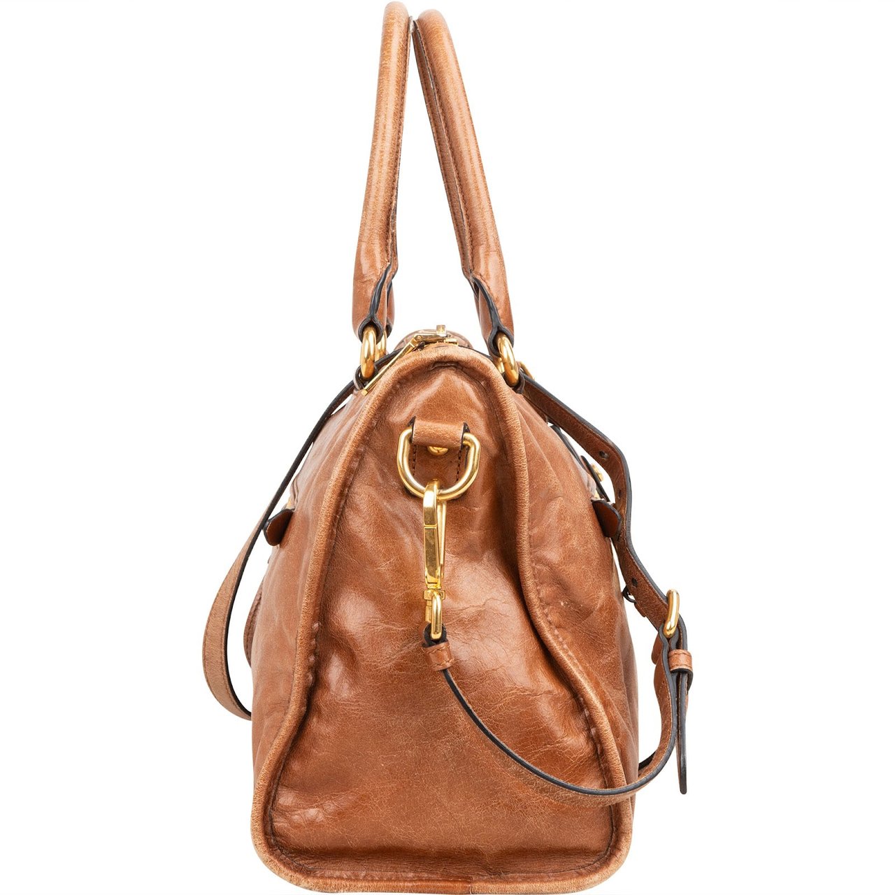 Miu Miu Vitello Lux Shine Leather Bauletto Handbag Bruin