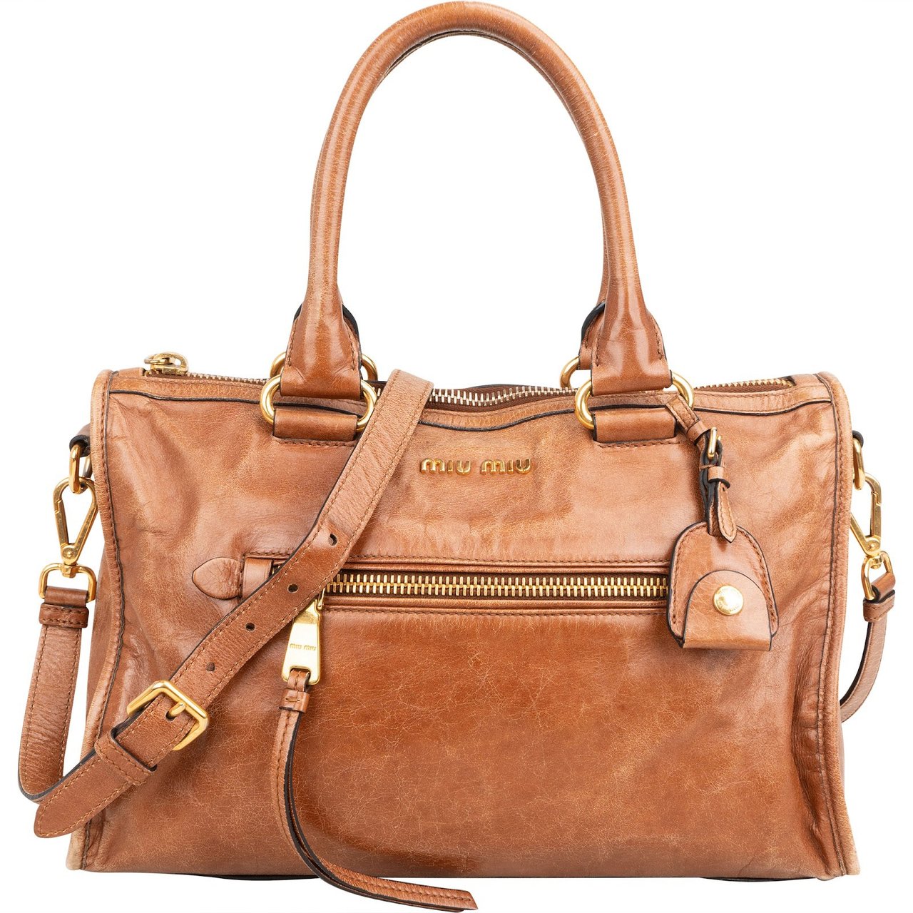 Miu Miu Vitello Lux Shine Leather Bauletto Handbag Bruin