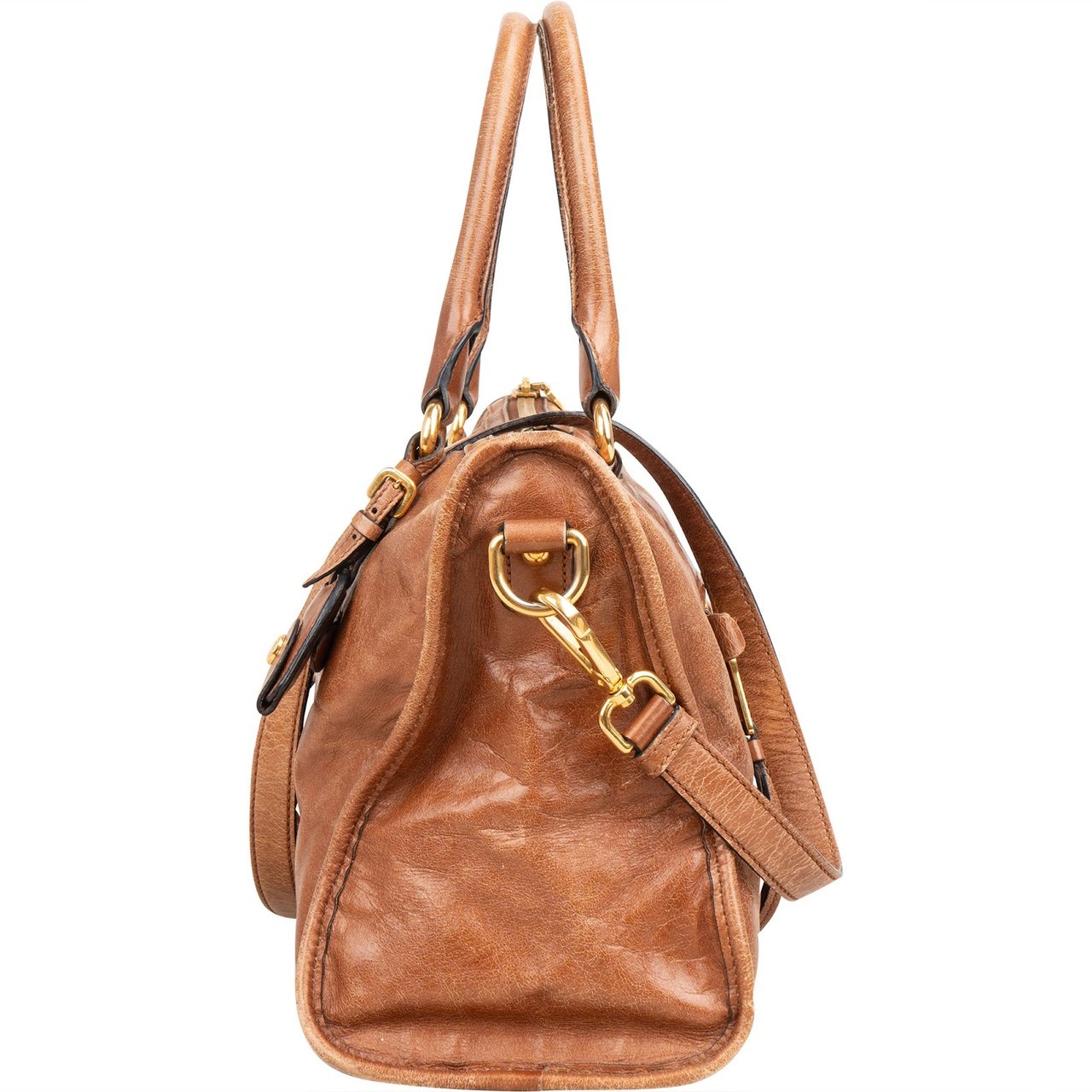 Miu Miu Vitello Lux Shine Leather Bauletto Handbag Bruin