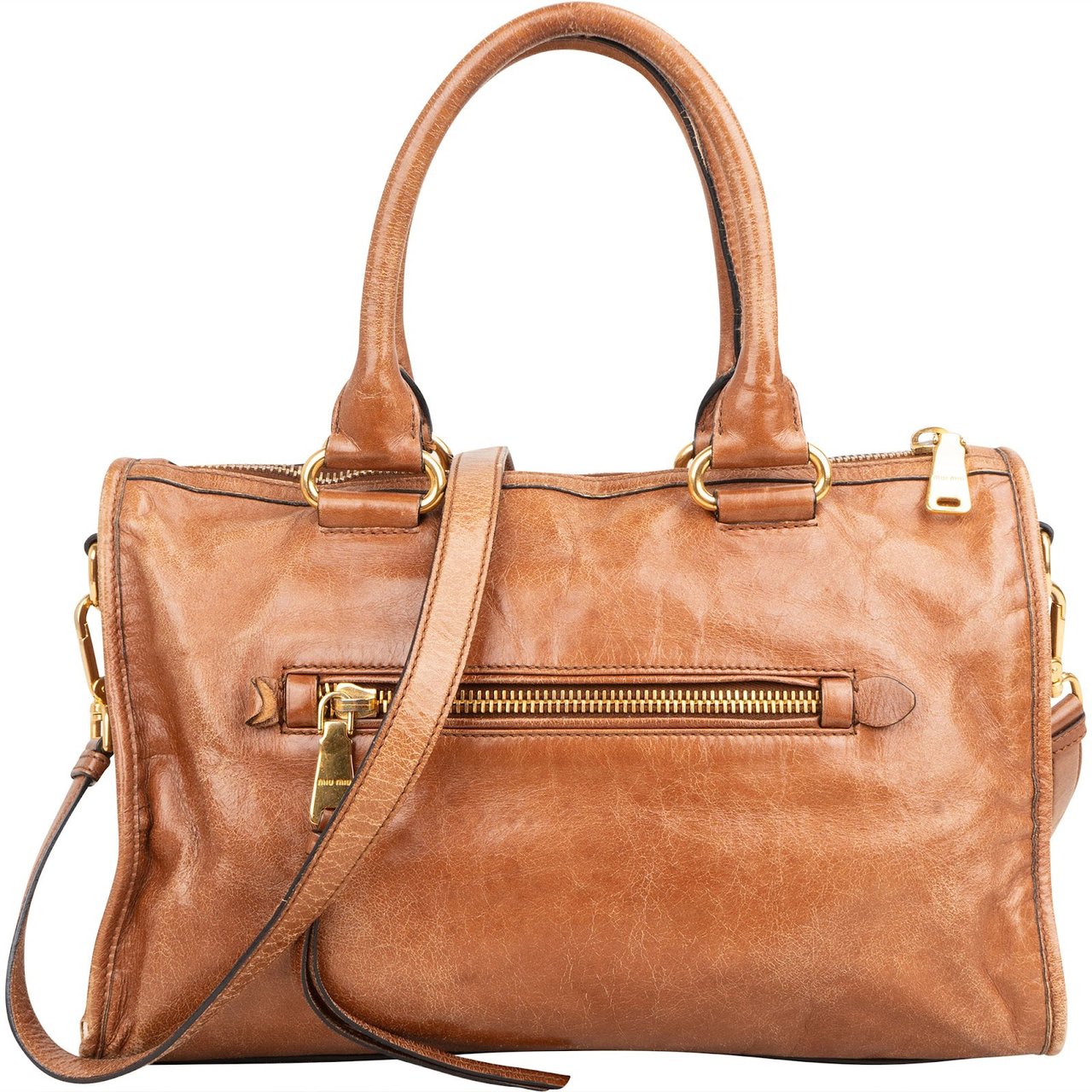 Miu Miu Vitello Lux Shine Leather Bauletto Handbag Bruin