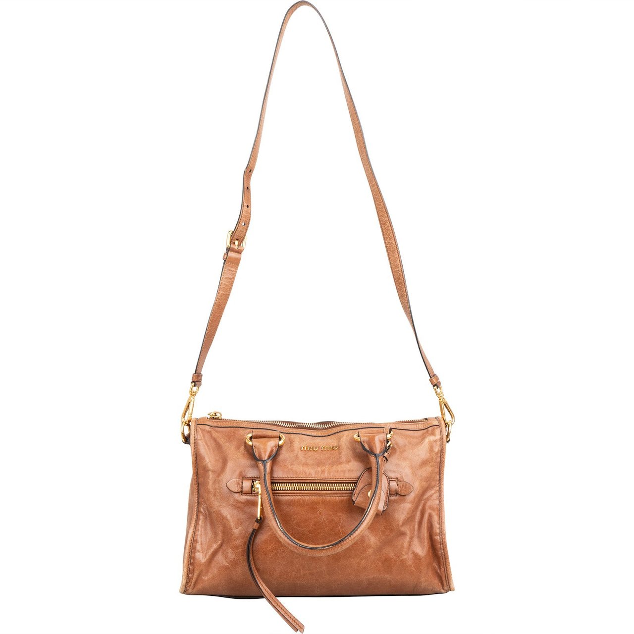 Miu Miu Vitello Lux Shine Leather Bauletto Handbag Bruin