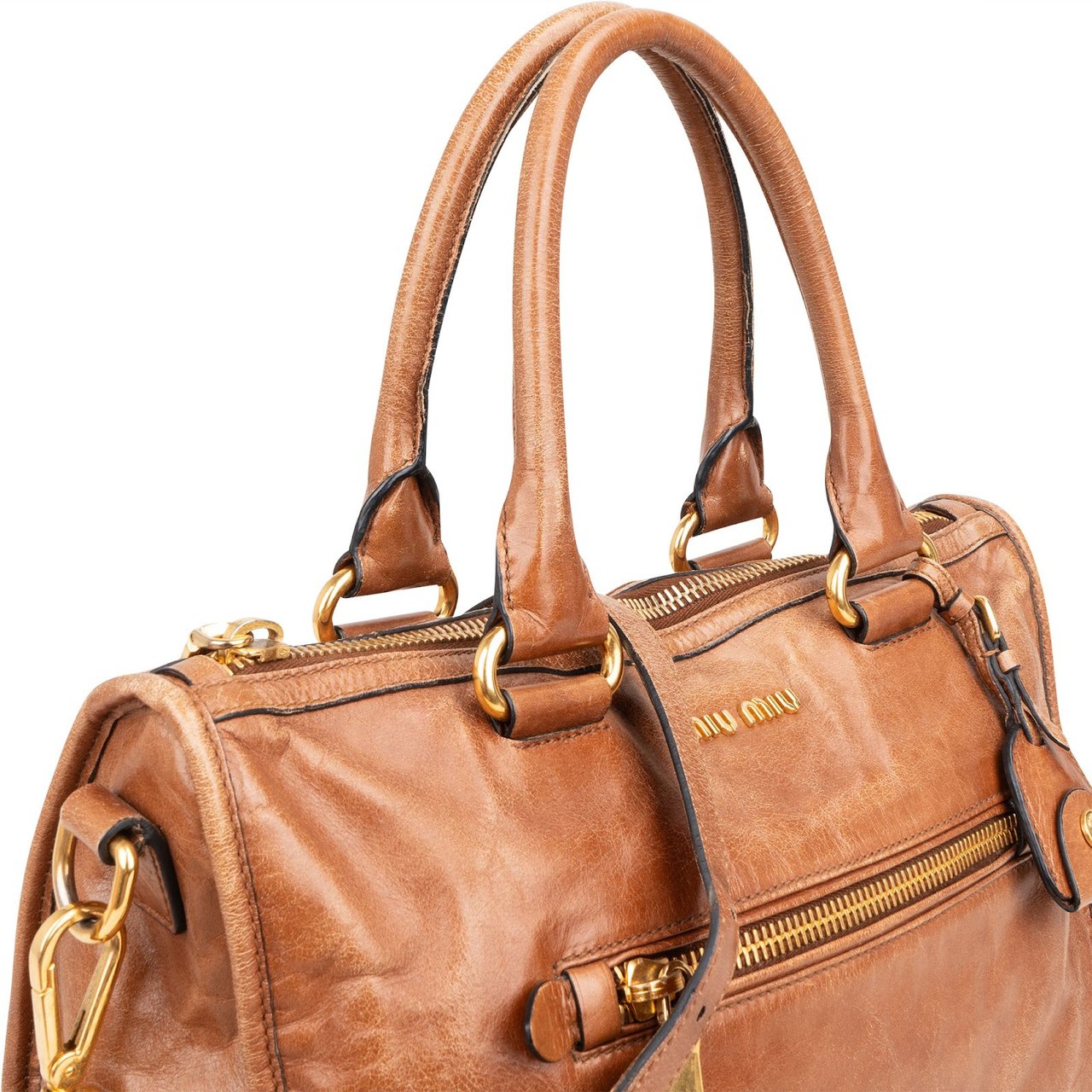 Miu Miu Vitello Lux Shine Leather Bauletto Handbag Bruin