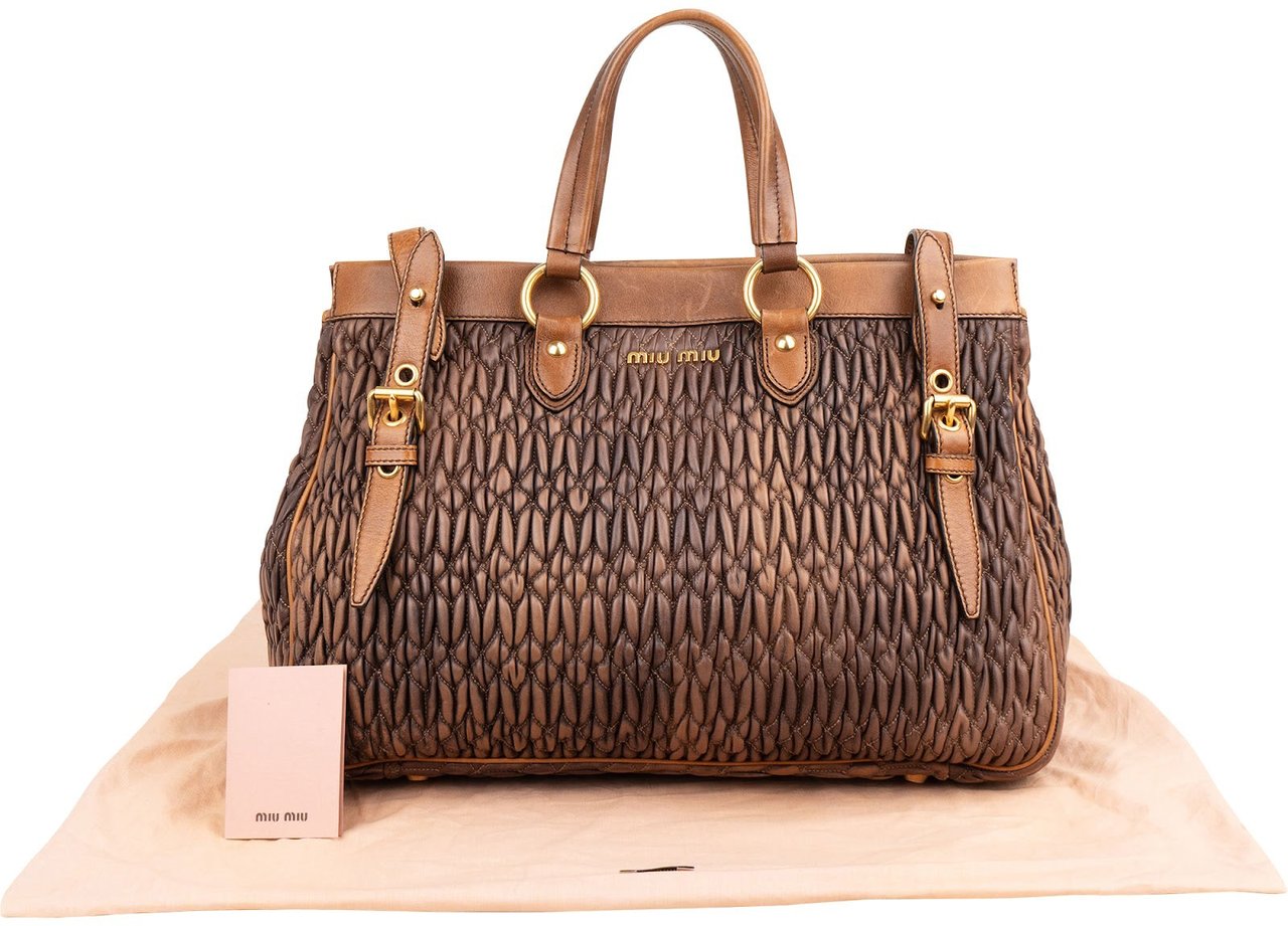Miu Miu Matelassé Nappa Leather Bicolor Brown Tote Satchel Handbag Bruin
