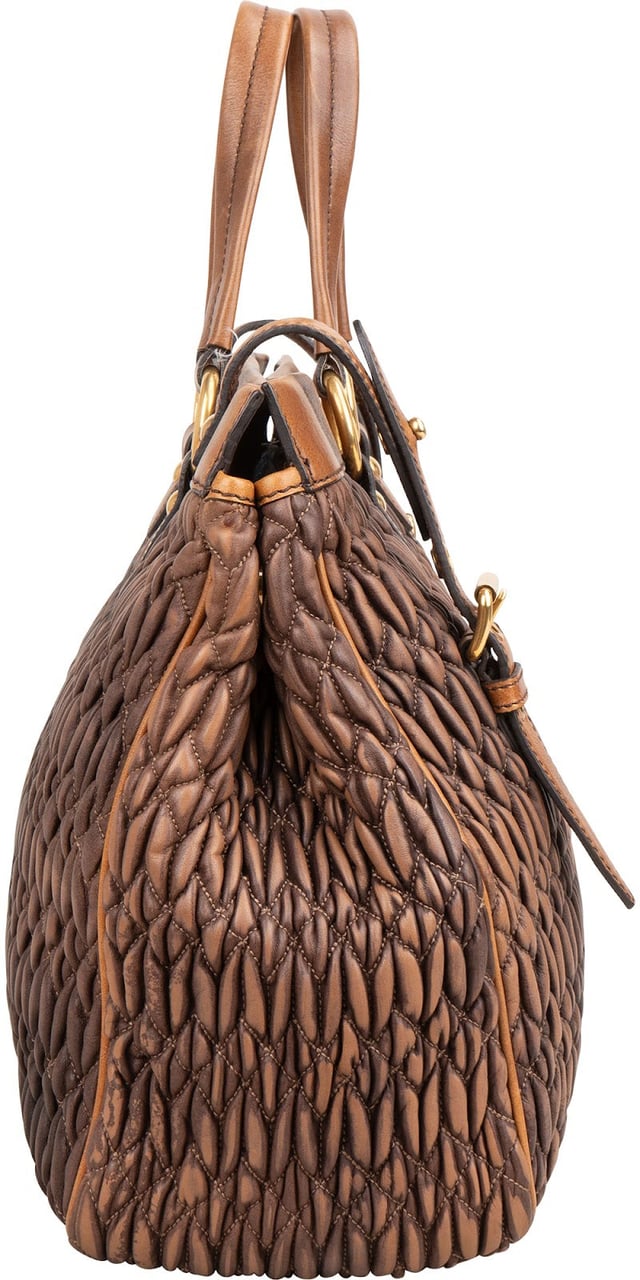 Miu Miu Matelassé Nappa Leather Bicolor Brown Tote Satchel Handbag Bruin