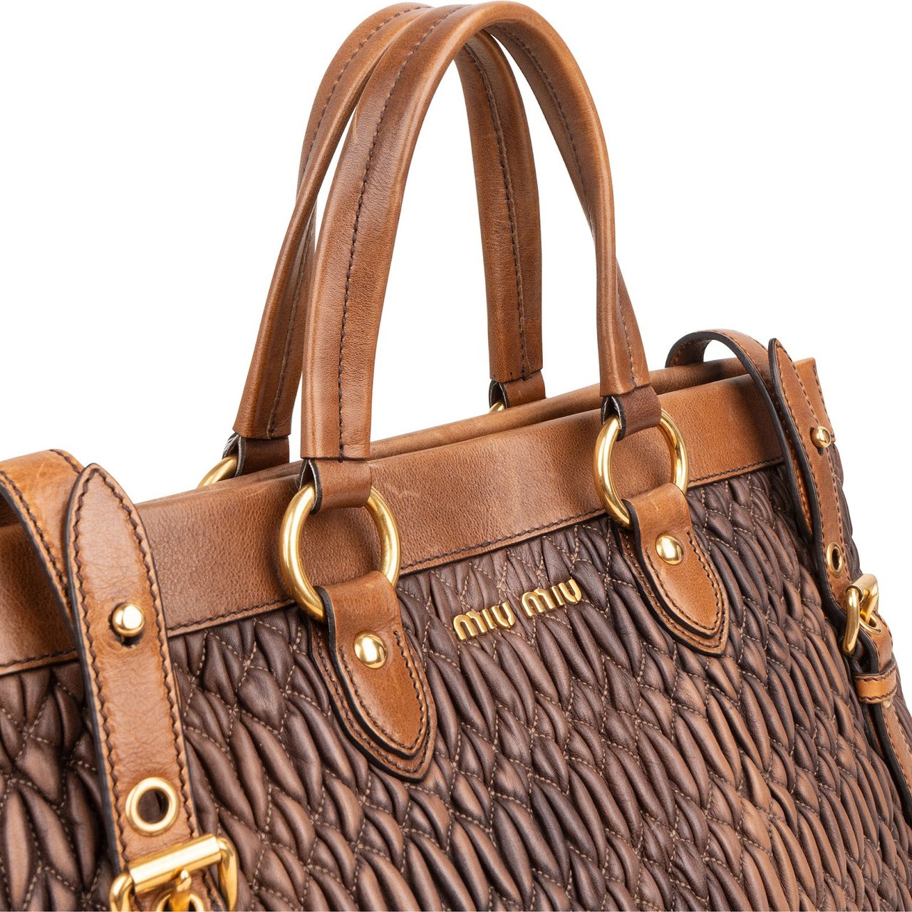 Miu Miu Matelassé Nappa Leather Bicolor Brown Tote Satchel Handbag Bruin