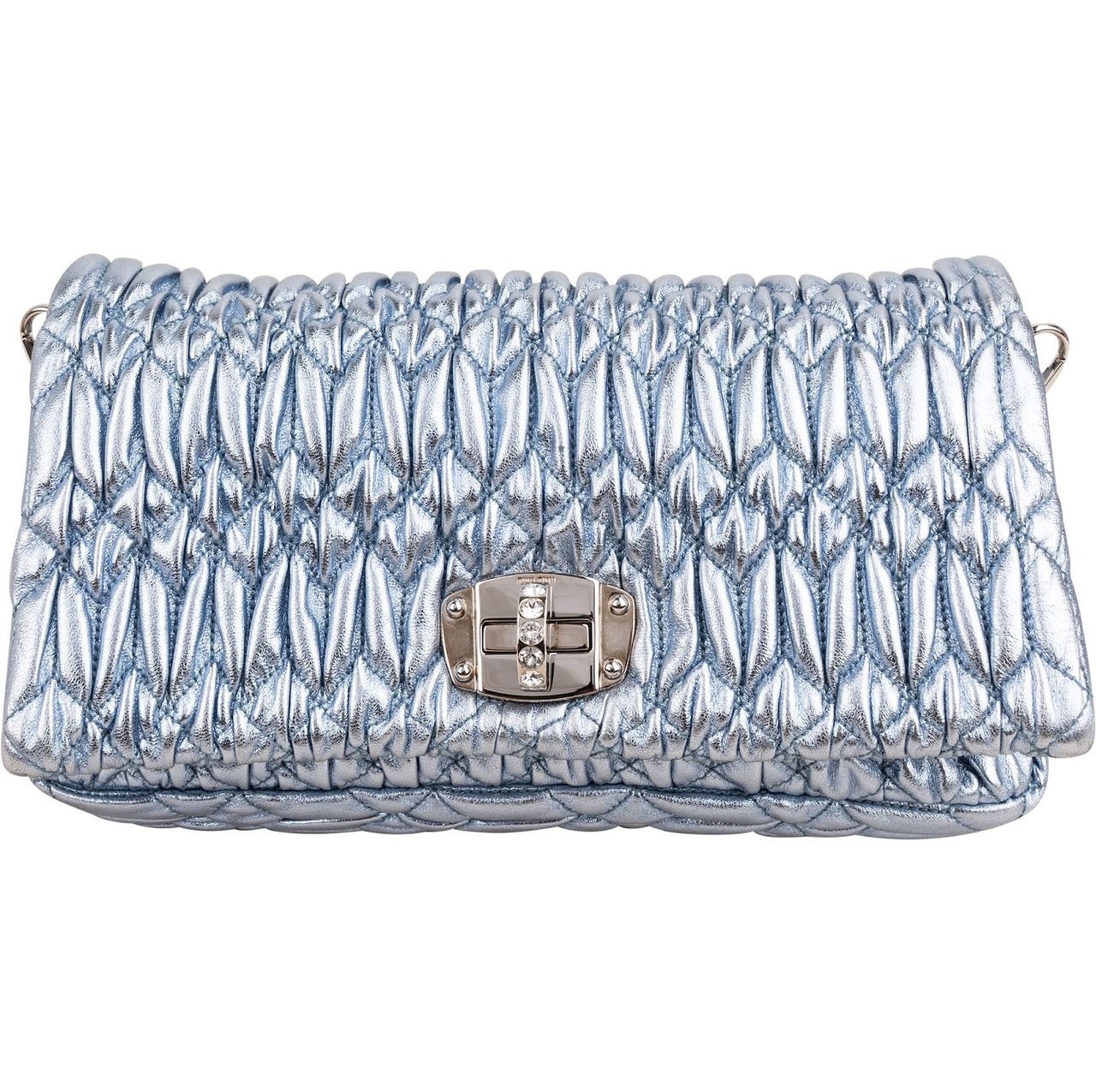 Miu Miu Metallic Matelassé Nappa Leather Crystal Embellished Crossbody Bag Lichtblauw