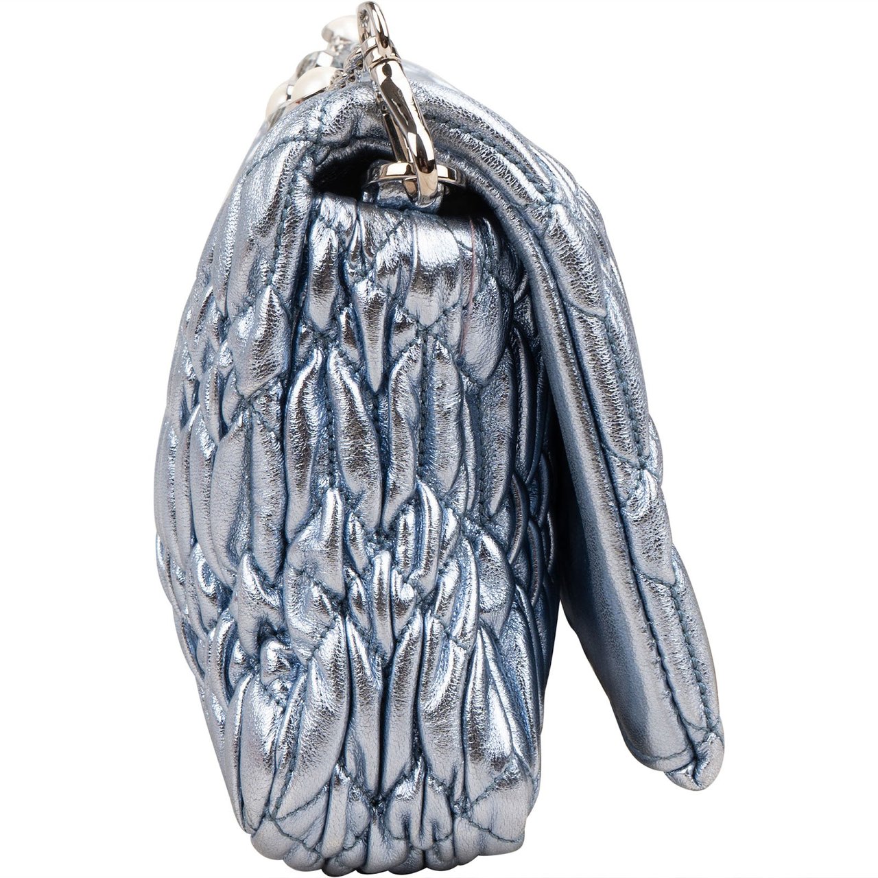 Miu Miu Metallic Matelassé Nappa Leather Crystal Embellished Crossbody Bag Lichtblauw