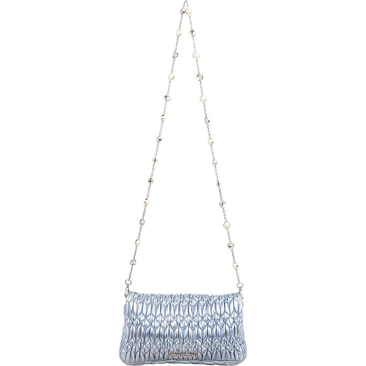 Miu Miu Metallic Matelassé Nappa Leather Crystal Embellished Crossbody Bag Lichtblauw