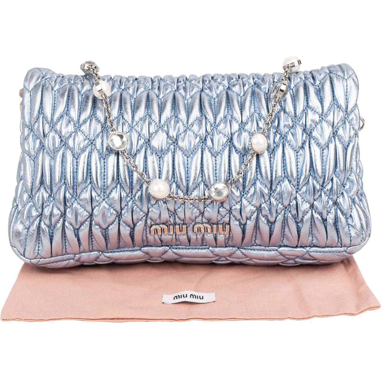 Miu Miu Metallic Matelassé Nappa Leather Crystal Embellished Crossbody Bag Lichtblauw