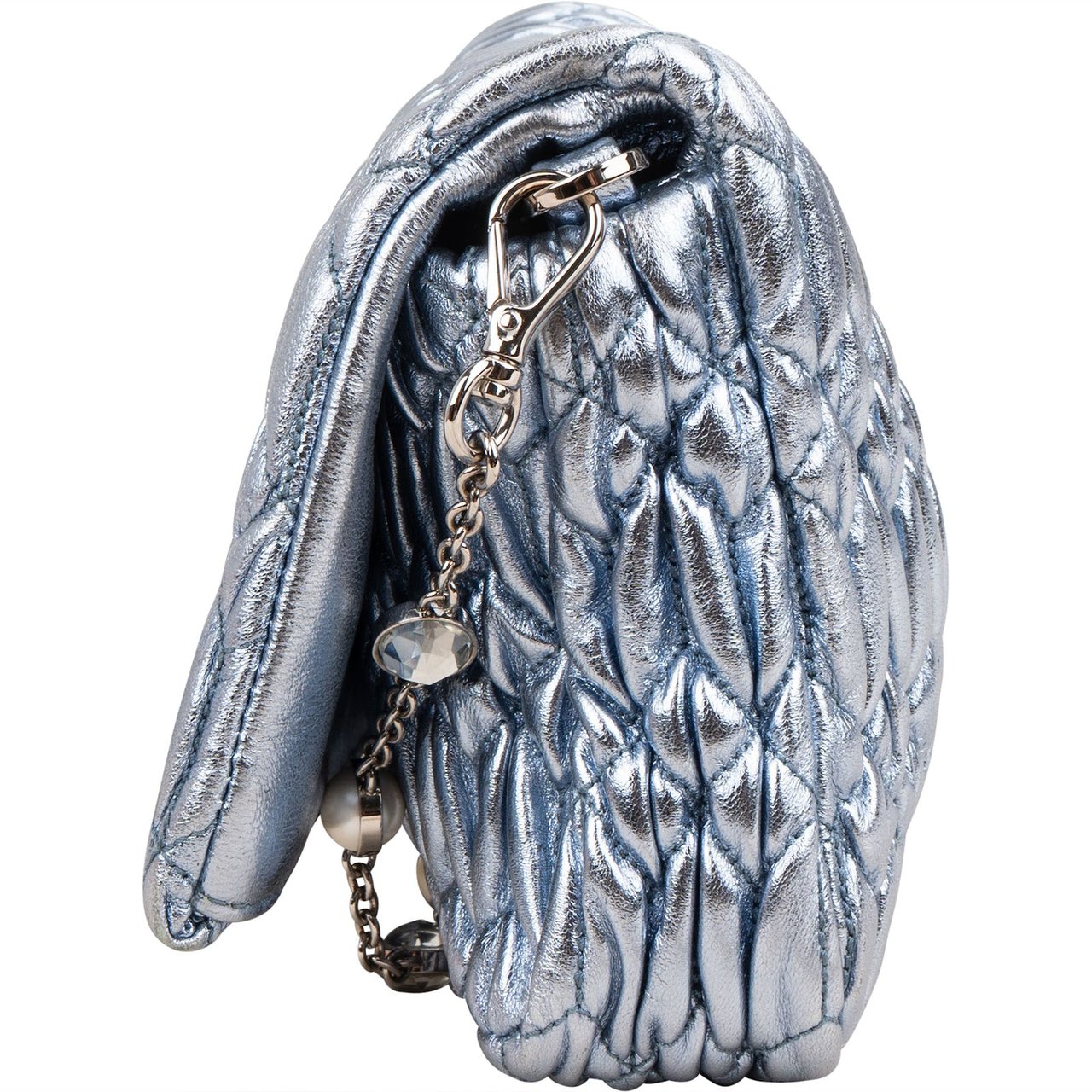 Miu Miu Metallic Matelassé Nappa Leather Crystal Embellished Crossbody Bag Lichtblauw