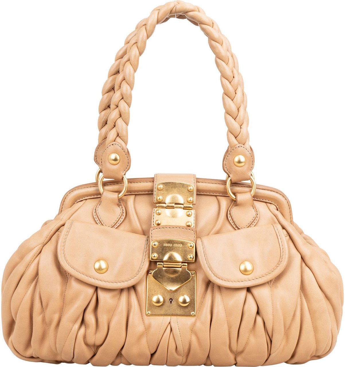 Miu Miu Matelassé Nappa Leather Braided Handle Handbag Beige