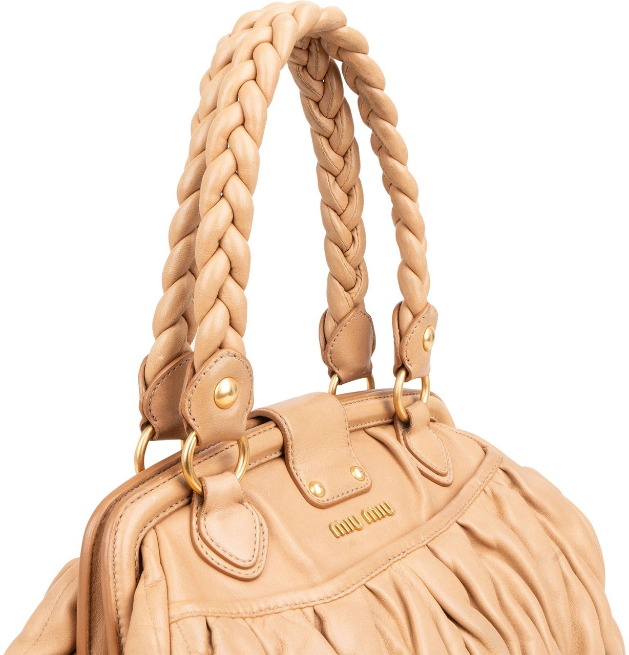 Miu Miu Matelassé Nappa Leather Braided Handle Handbag Beige