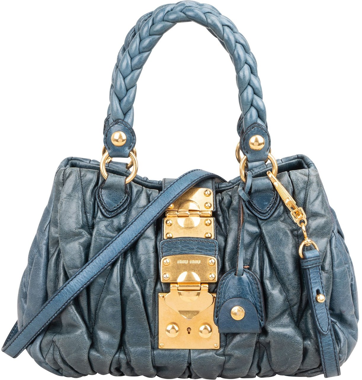 Miu Miu Blue Leather Vitello Lux Pleated Handbag Blauw
