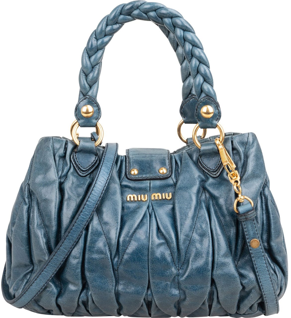Miu Miu Blue Leather Vitello Lux Pleated Handbag Blauw