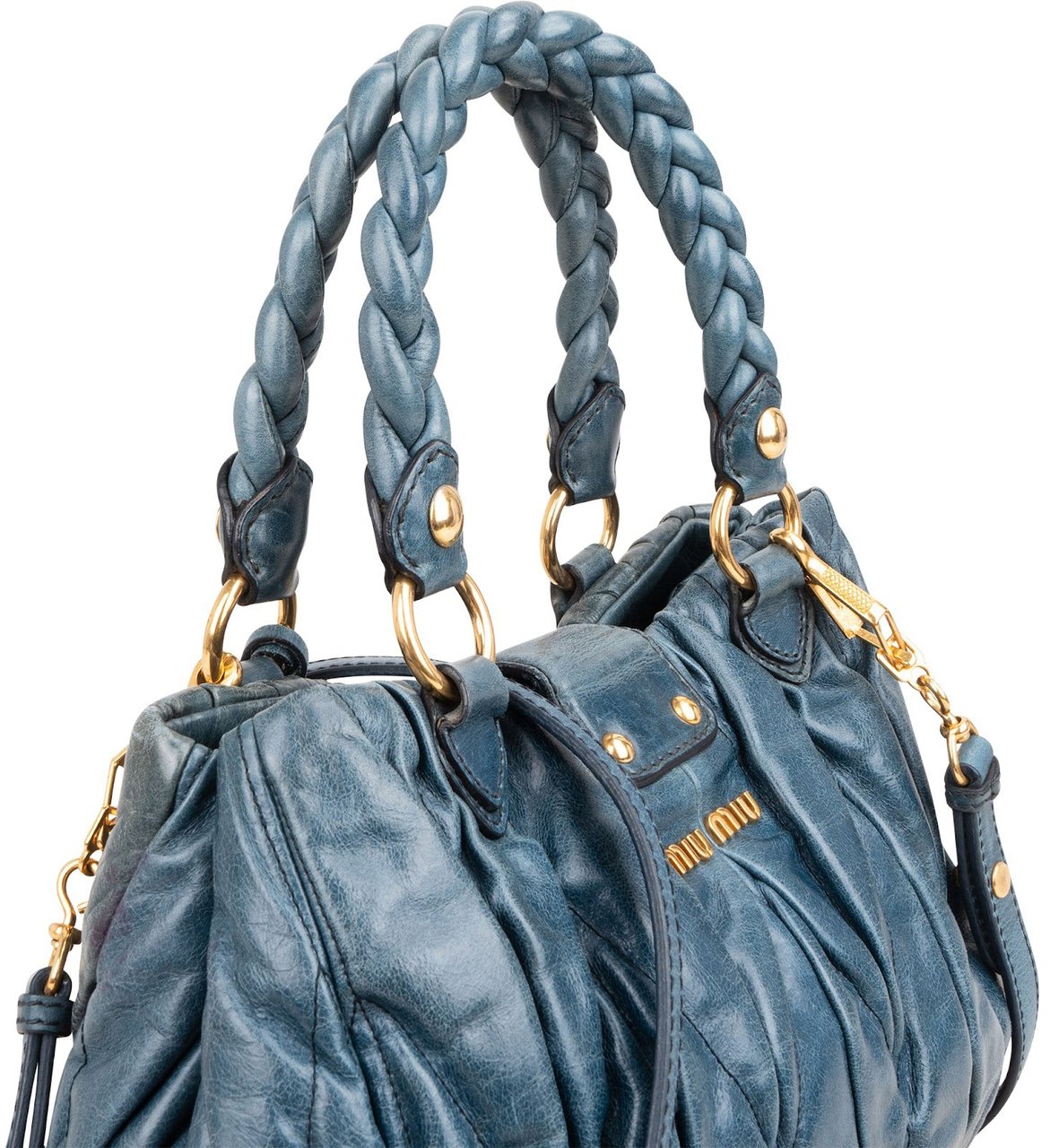 Miu Miu Blue Leather Vitello Lux Pleated Handbag Blauw