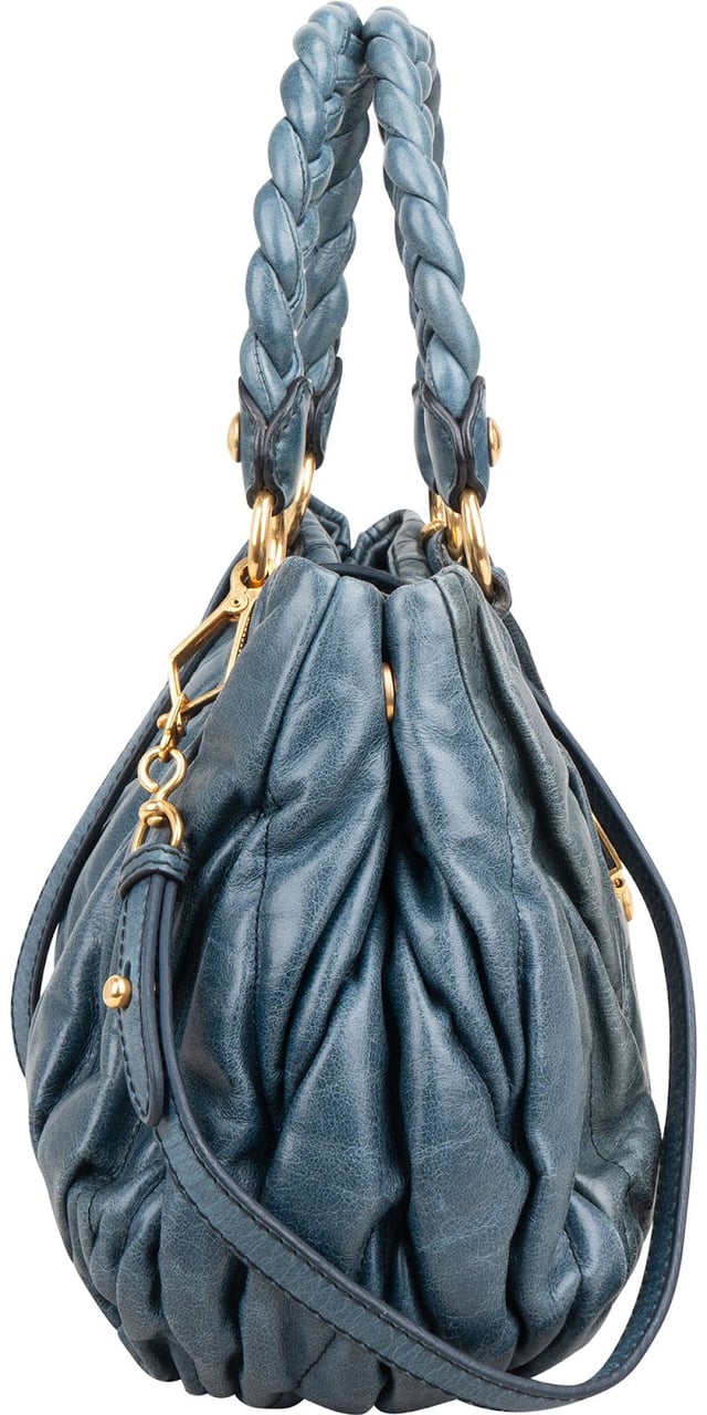Miu Miu Blue Leather Vitello Lux Pleated Handbag Blauw