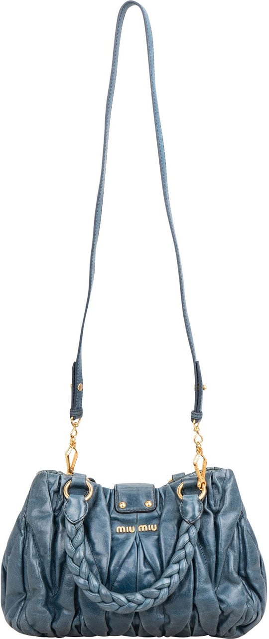 Miu Miu Blue Leather Vitello Lux Pleated Handbag Blauw