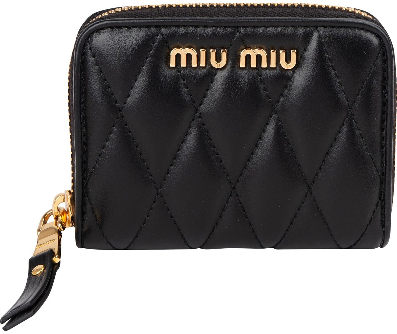 Miu Miu Matelassé Leather Biker Zip Around Coin Wallet Zwart