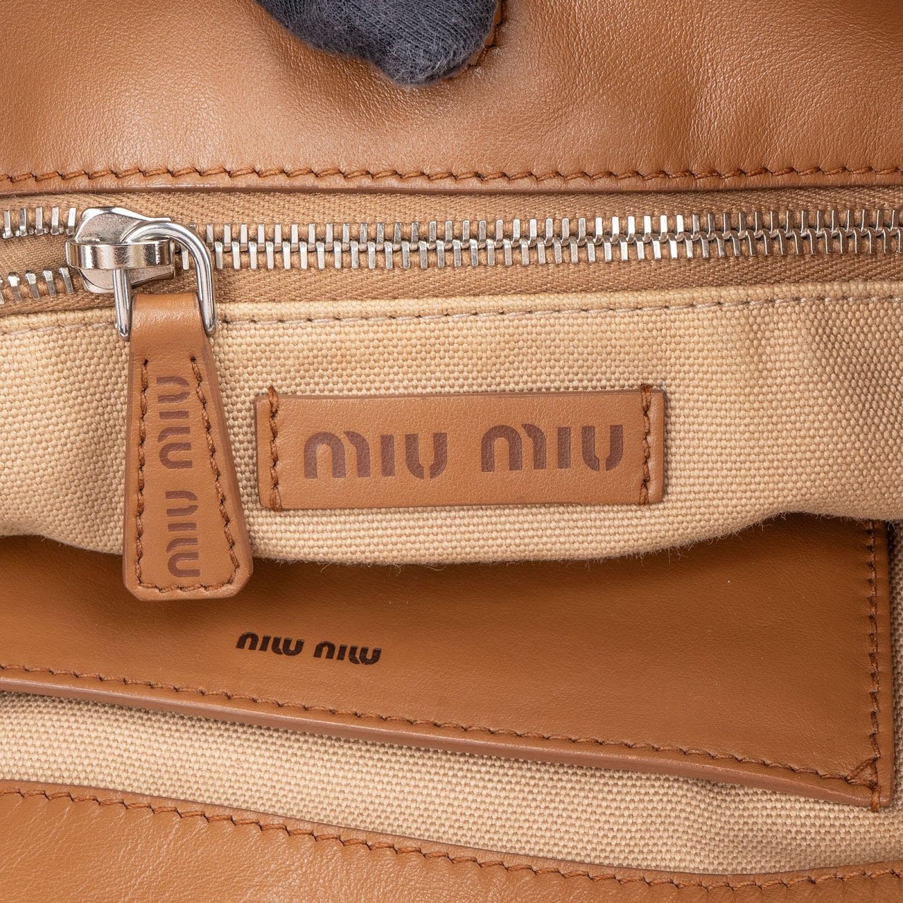 Miu Miu Vitello Madras Brown Leather Tote Shoulder Bag Beige