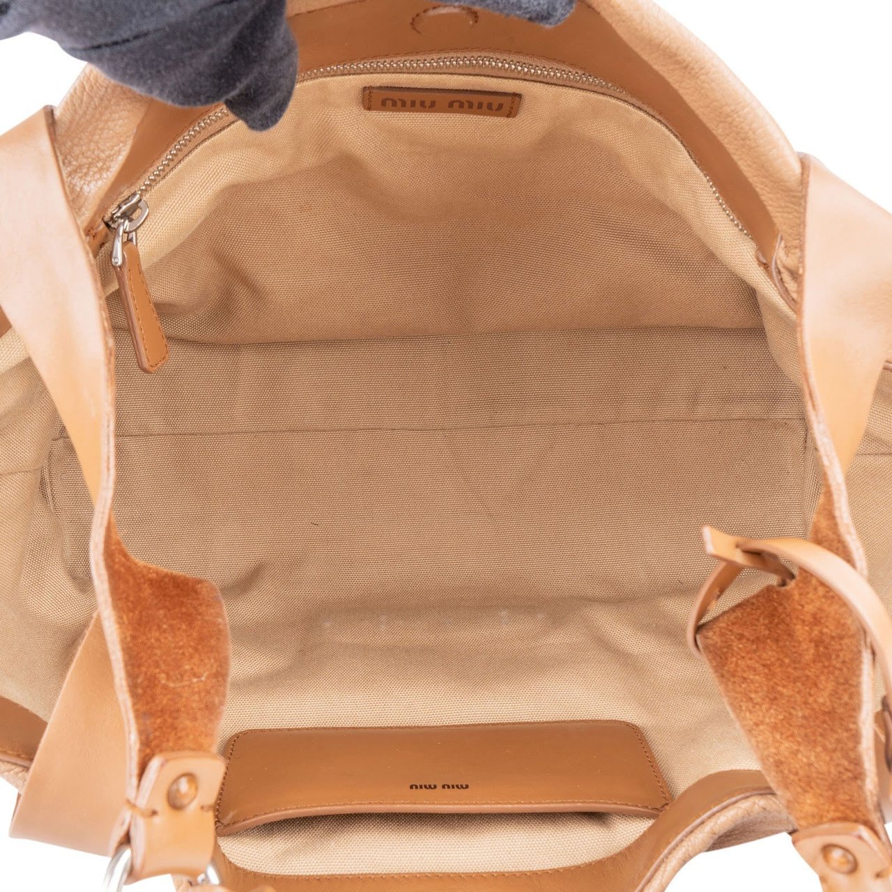 Miu Miu Vitello Madras Brown Leather Tote Shoulder Bag Beige