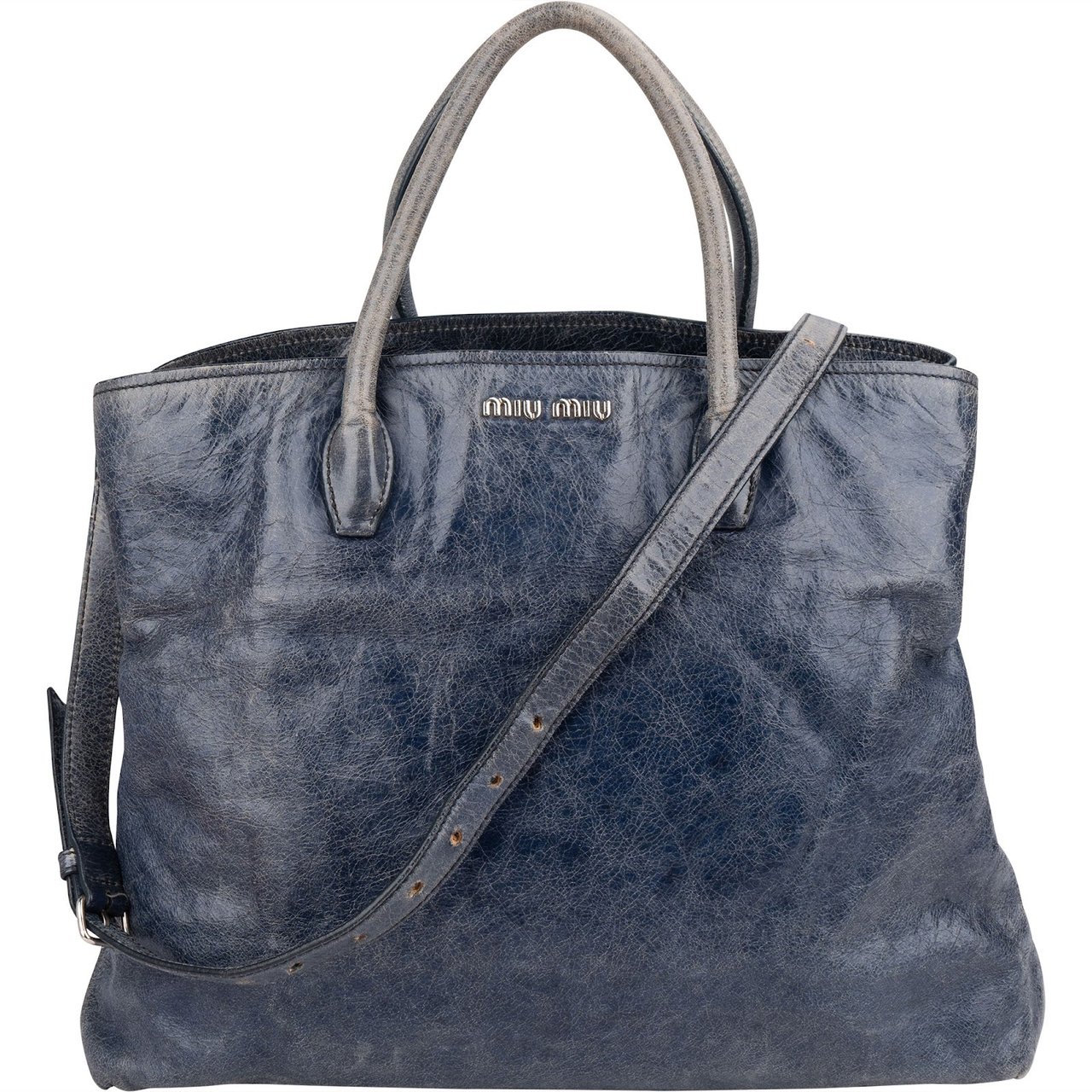 Miu Miu Bluelette Vitello Shine Leather Tote Handbag Blauw