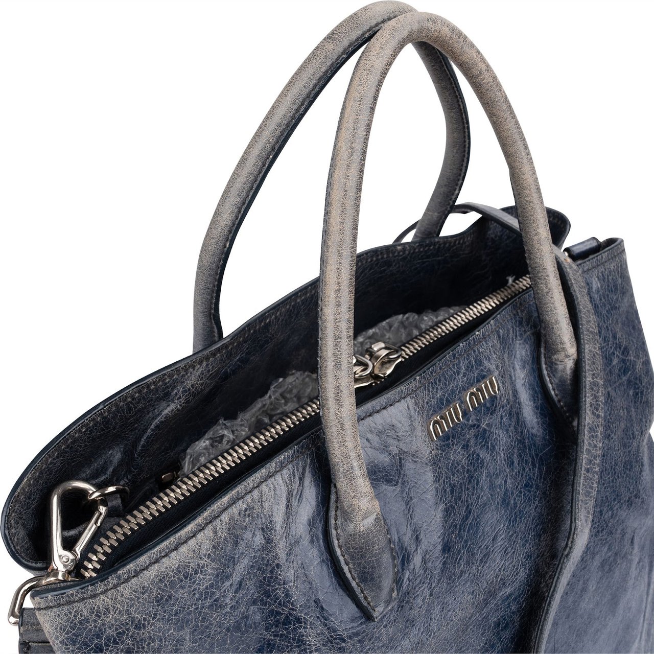 Miu Miu Bluelette Vitello Shine Leather Tote Handbag Blauw