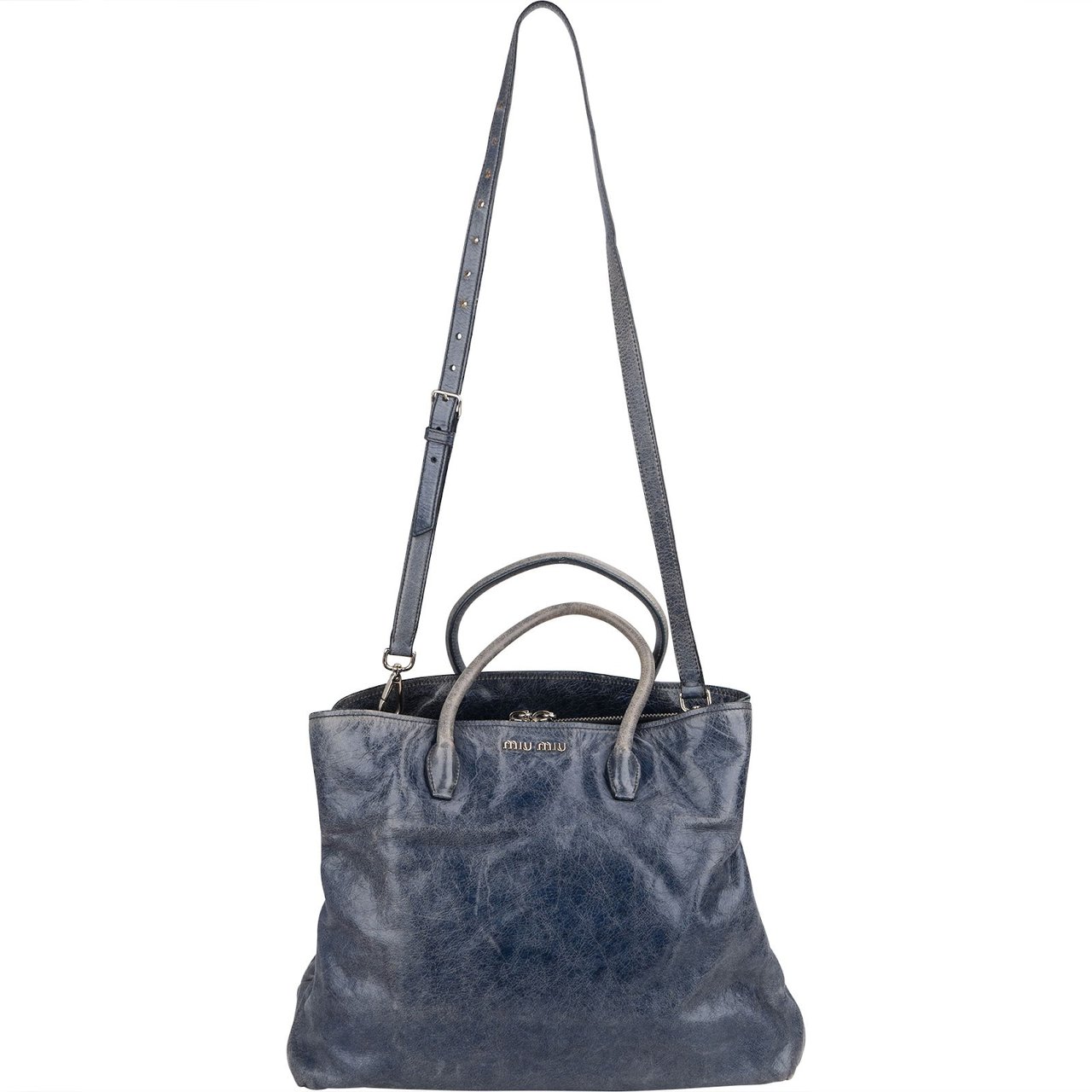 Miu Miu Bluelette Vitello Shine Leather Tote Handbag Blauw