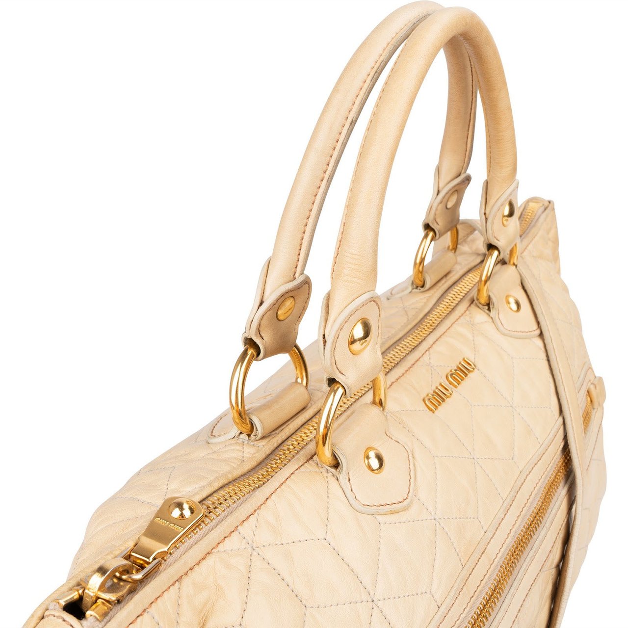 Miu Miu Quilted Leather Bowler Handbag Beige