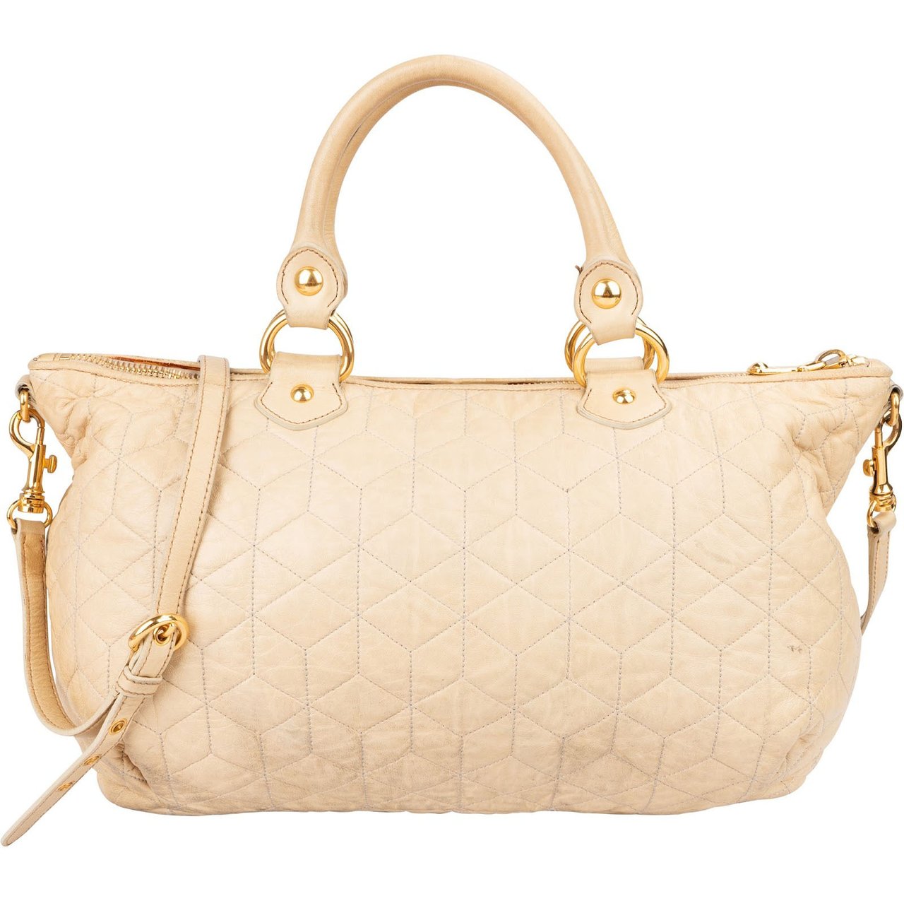 Miu Miu Quilted Leather Bowler Handbag Beige