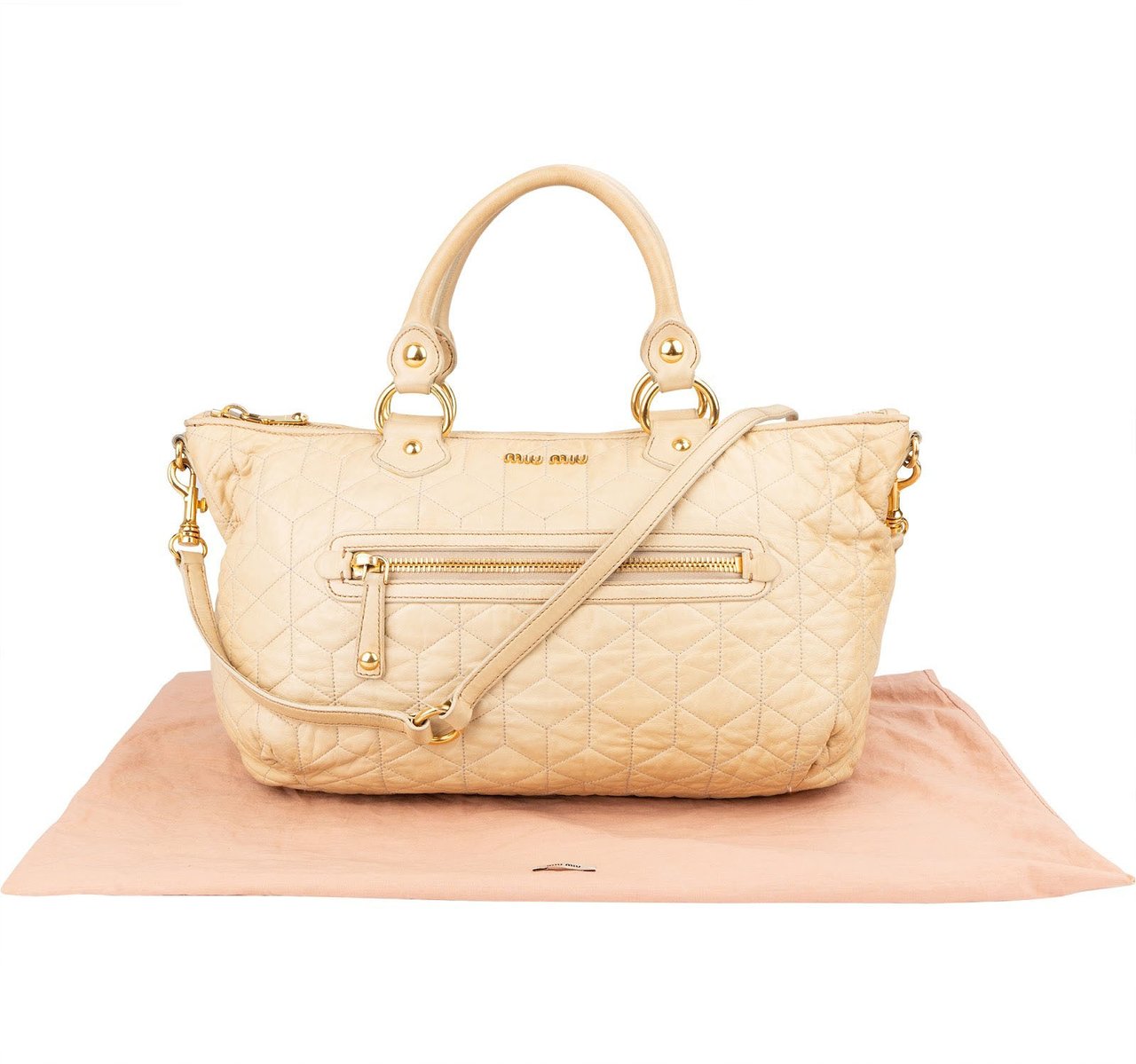 Miu Miu Quilted Leather Bowler Handbag Beige
