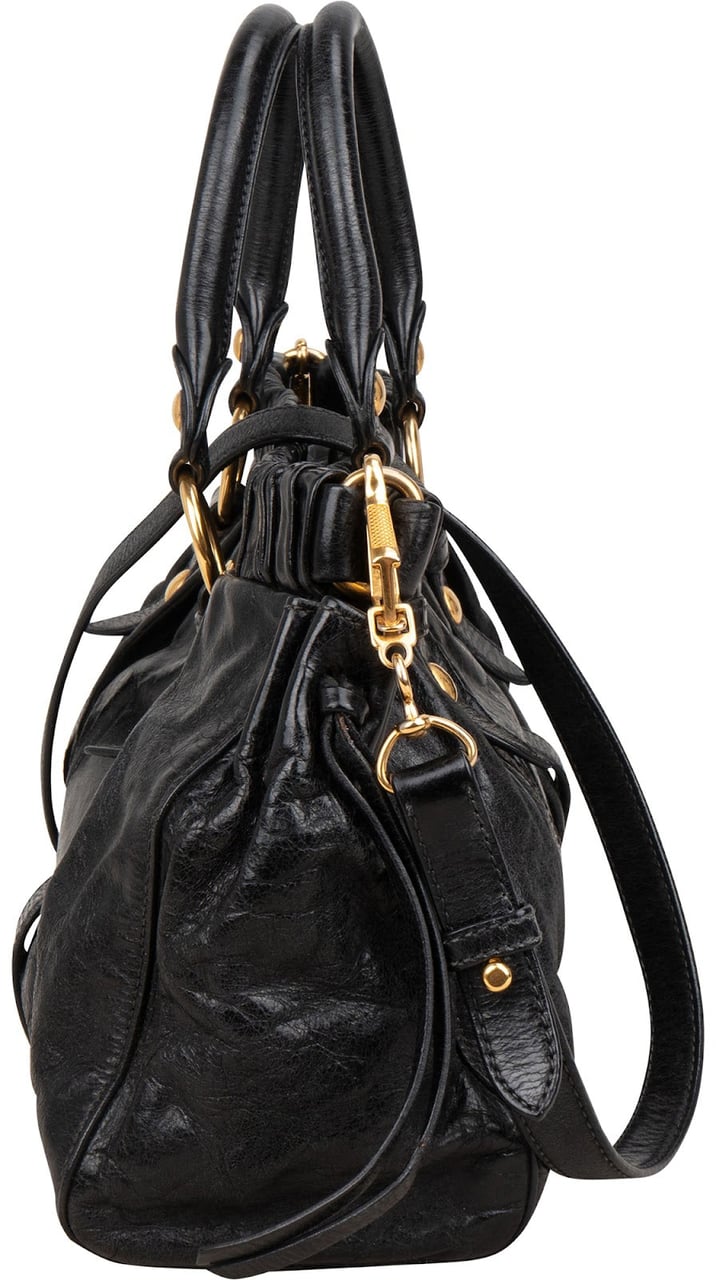 Miu Miu Black Vitello Lux Leather Satchel Handbag Zwart