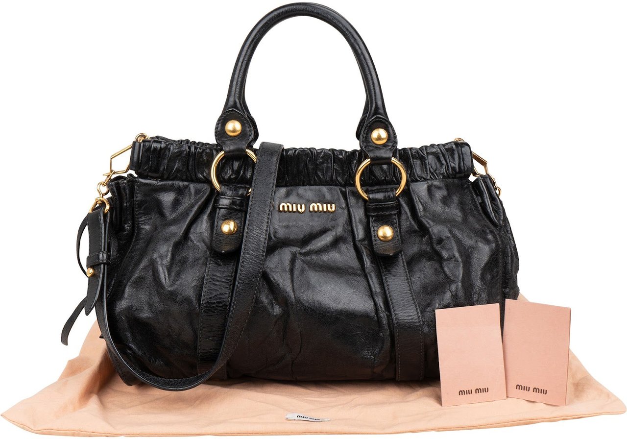 Miu Miu Black Vitello Lux Leather Satchel Handbag Zwart