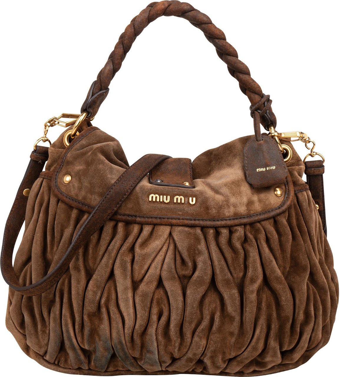 Miu Miu Brown Suede Leather Coffer City Handbag Bruin
