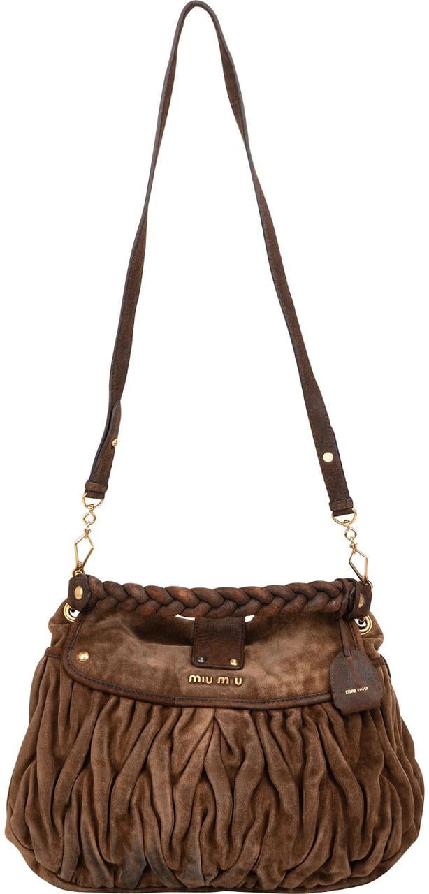 Miu Miu Brown Suede Leather Coffer City Handbag Bruin
