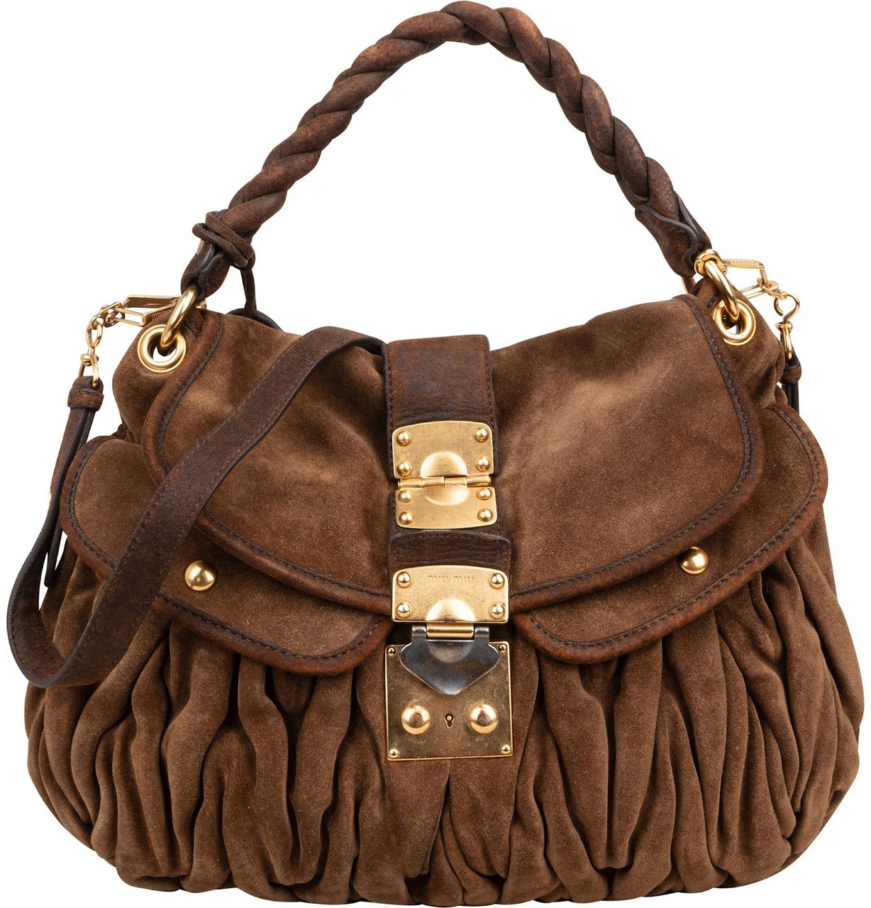 Miu Miu Brown Suede Leather Coffer City Handbag Bruin