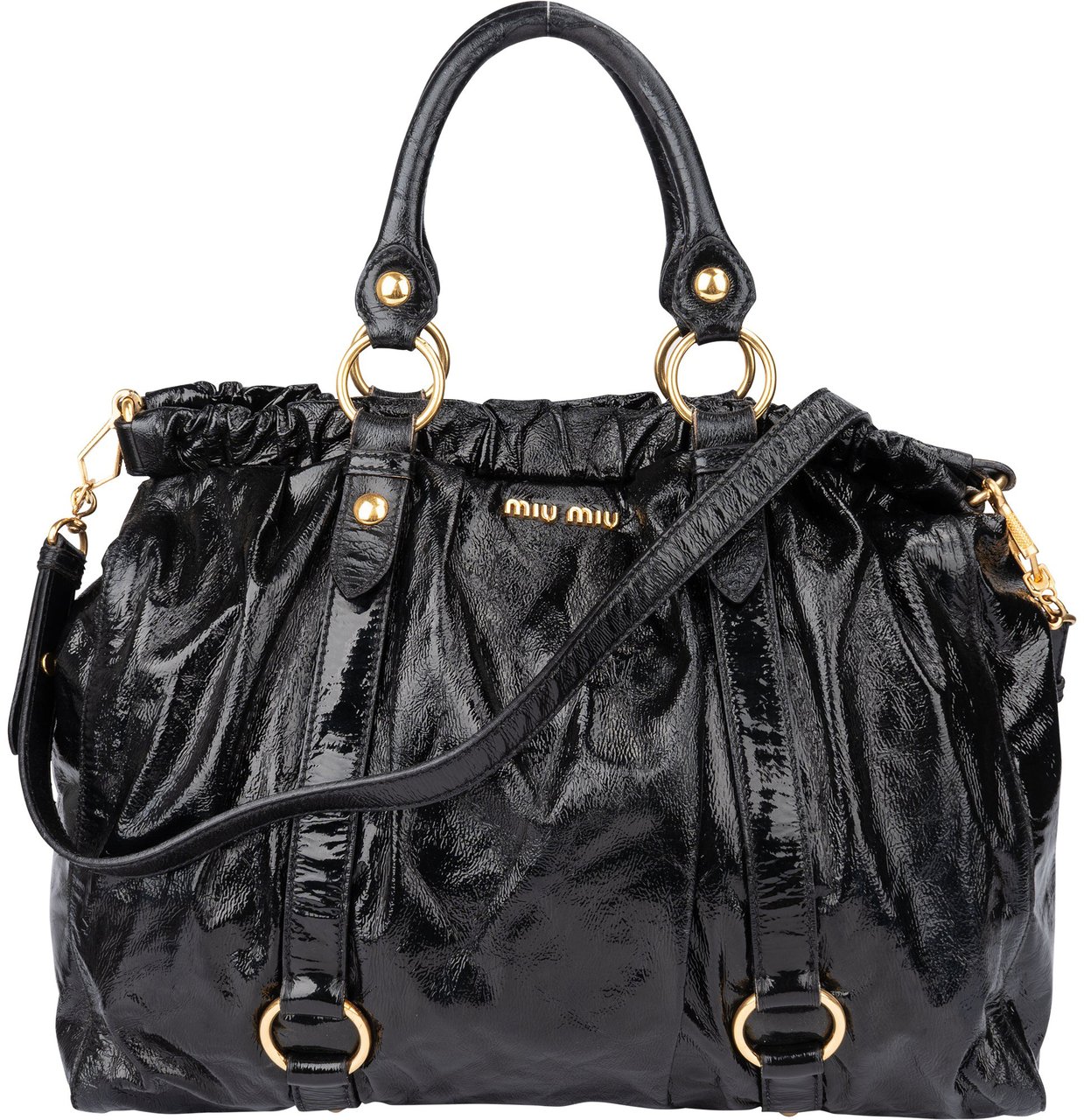 Miu Miu Miu Miu Black Patent Leather City Handbag Zwart