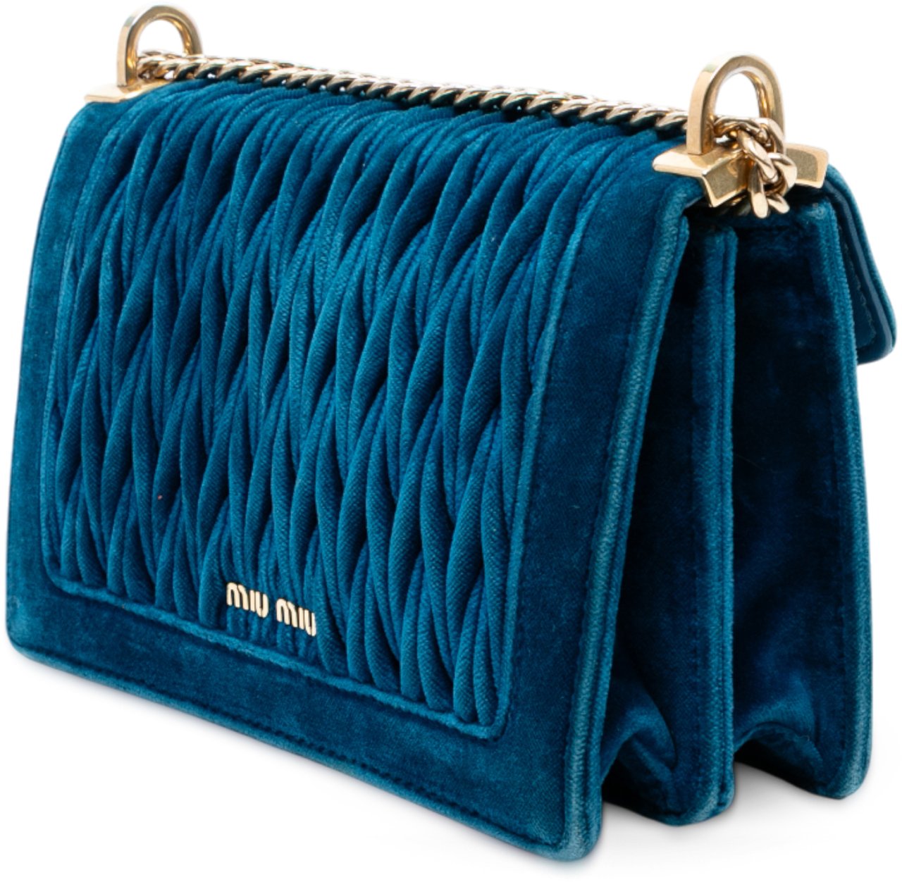 Miu Miu Velluto Matelasse Confidential Chain Crossbody Blauw