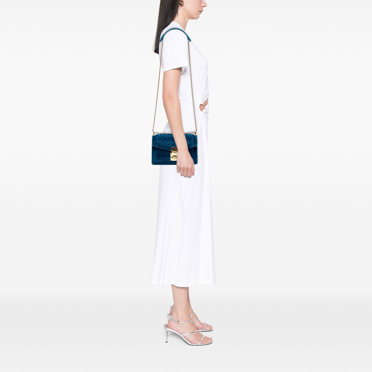 Miu Miu Velluto Matelasse Confidential Chain Crossbody Blauw