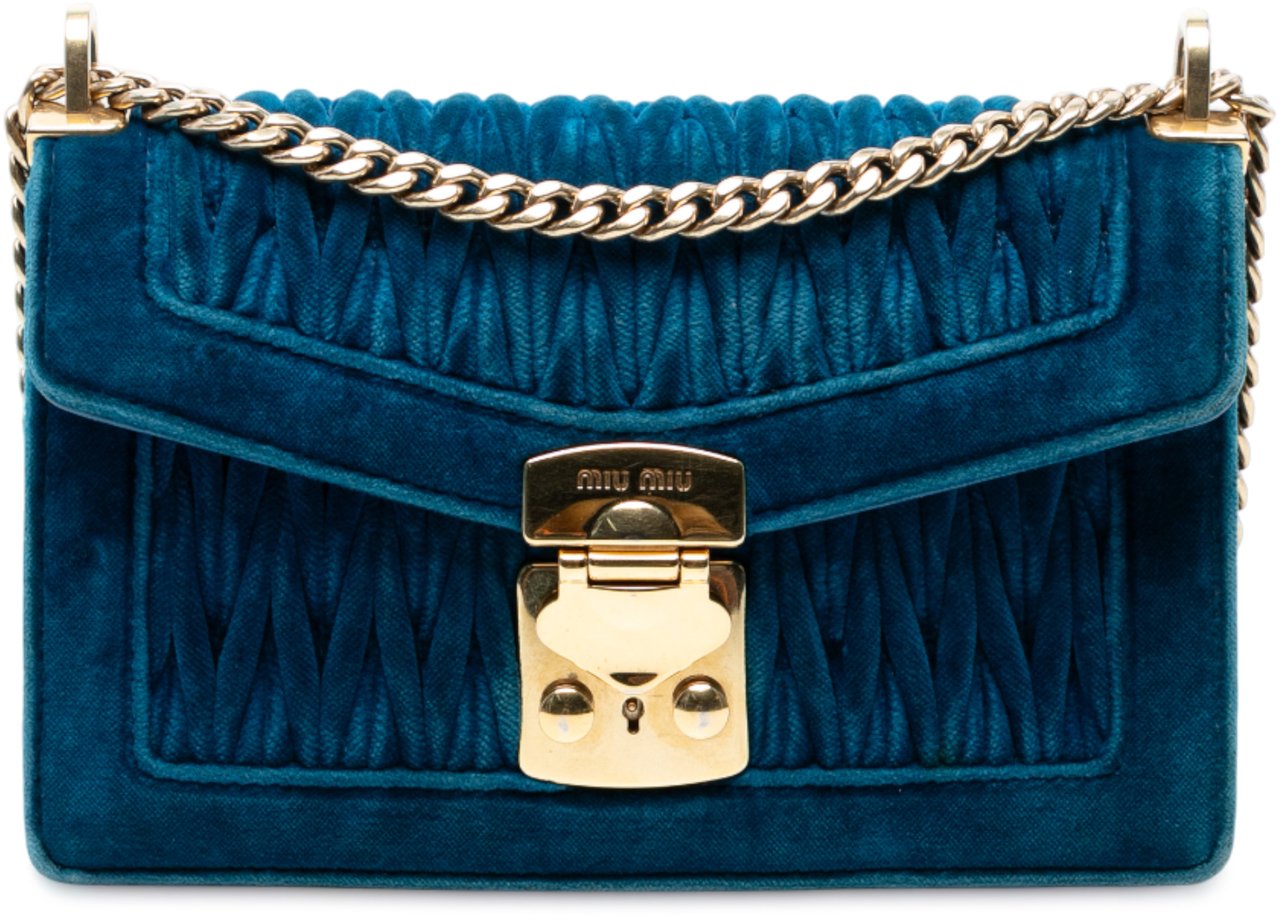 Miu Miu Velluto Matelasse Confidential Chain Crossbody Blauw