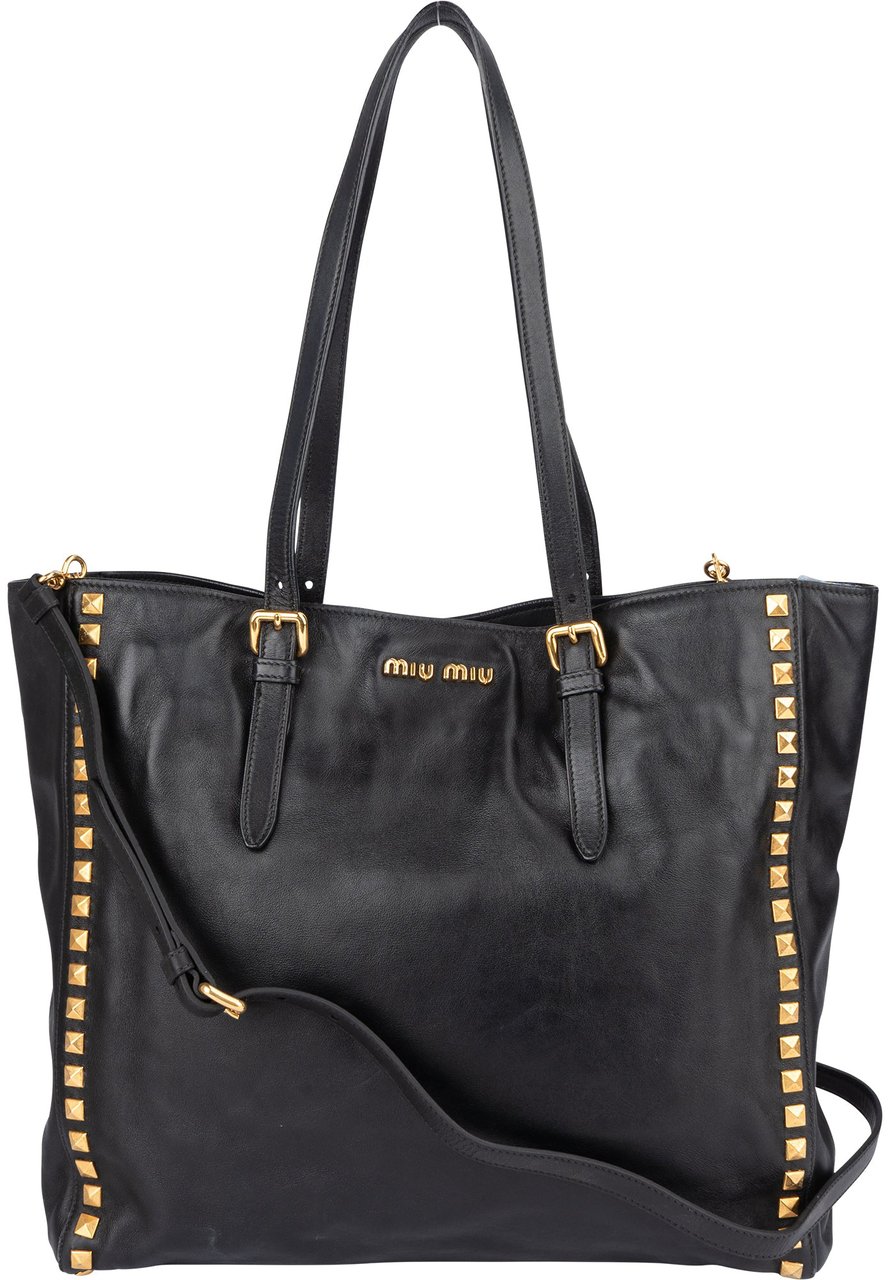 Miu Miu Miu Miu Black Leather Spikes Shoulder Bag Zwart