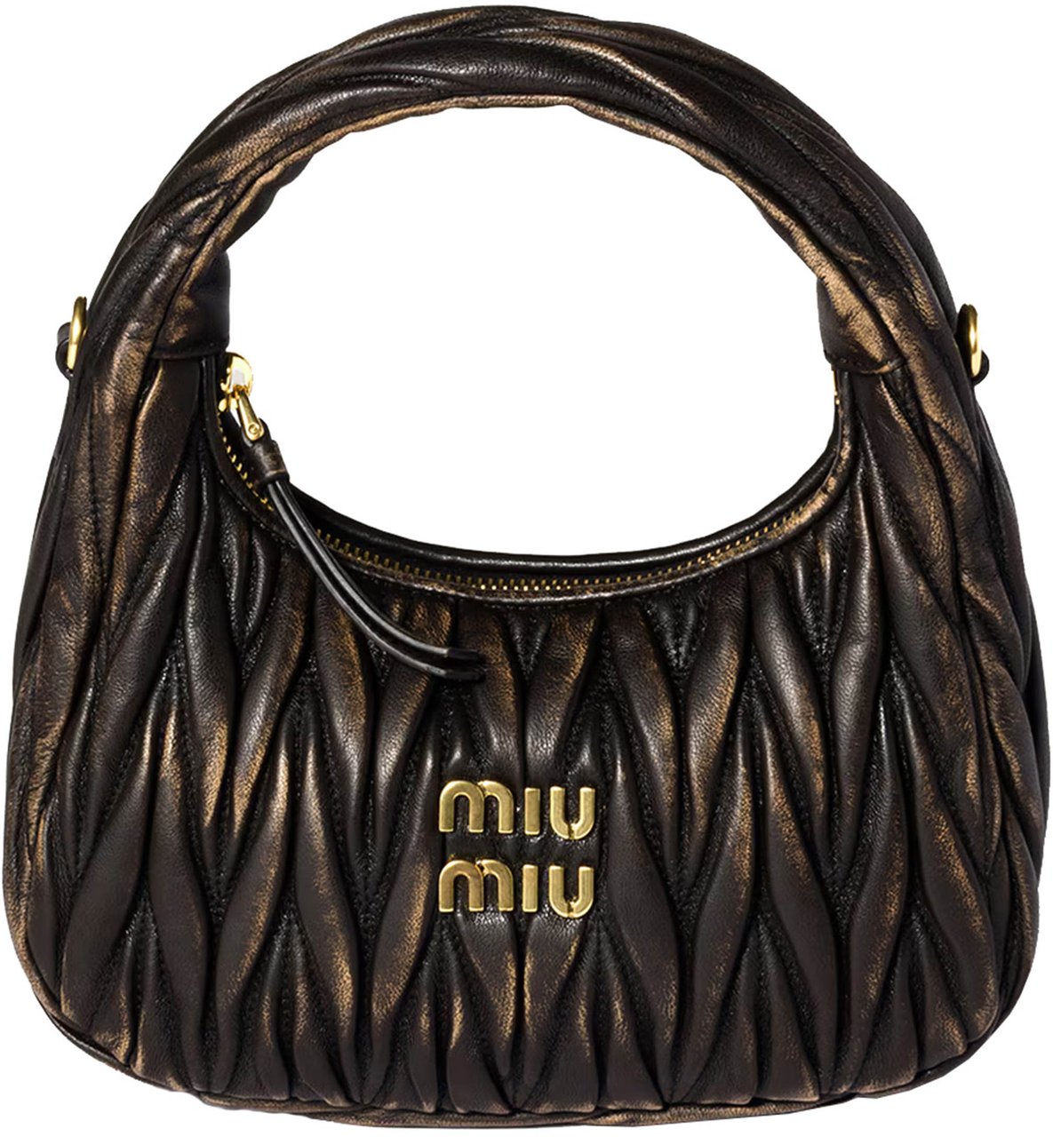 Miu Miu Black Hobo Wander Ruched Leather Handbag Zwart