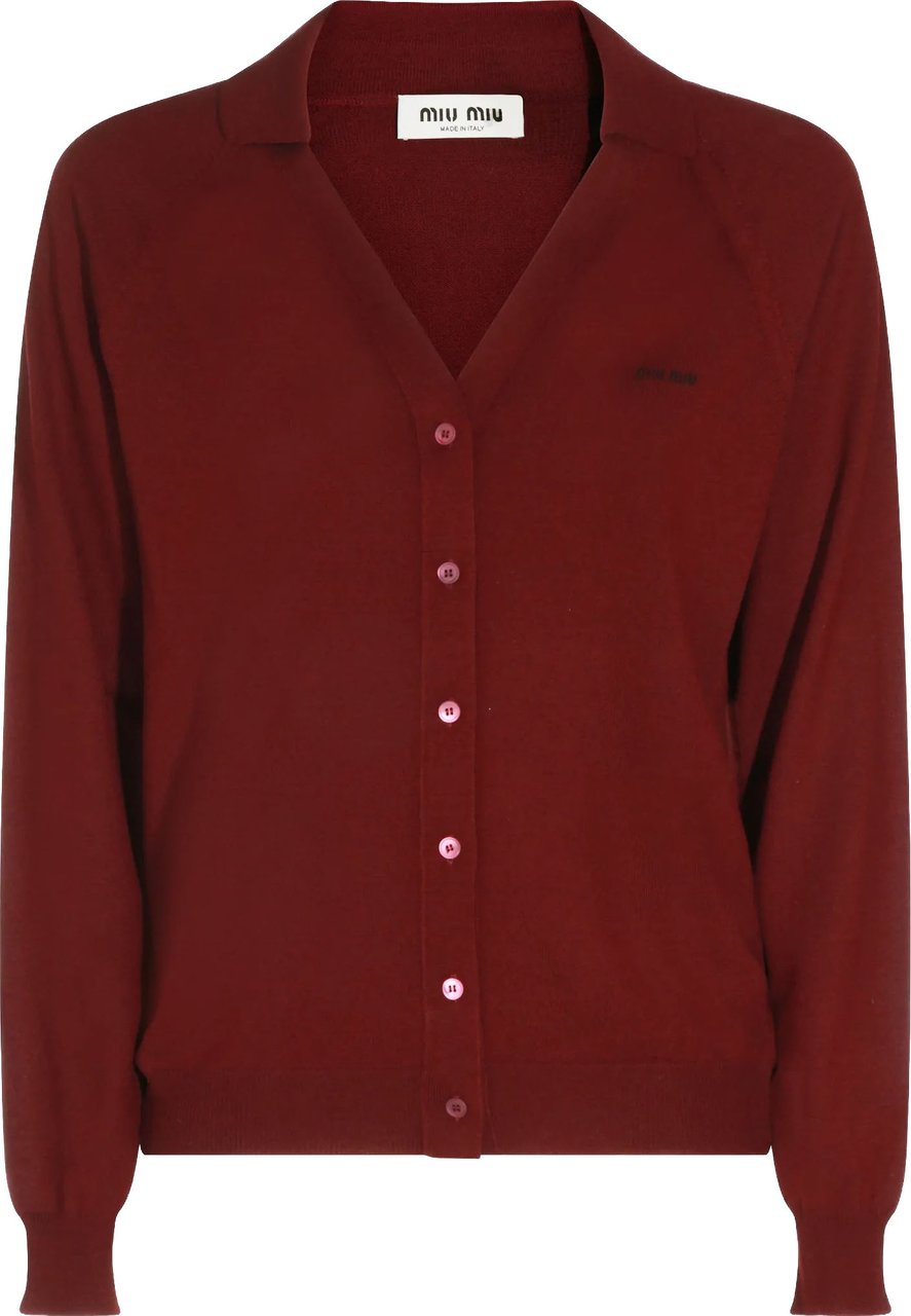 Miu Miu Burgundy Wool V-Neck Button Cardigan Rood