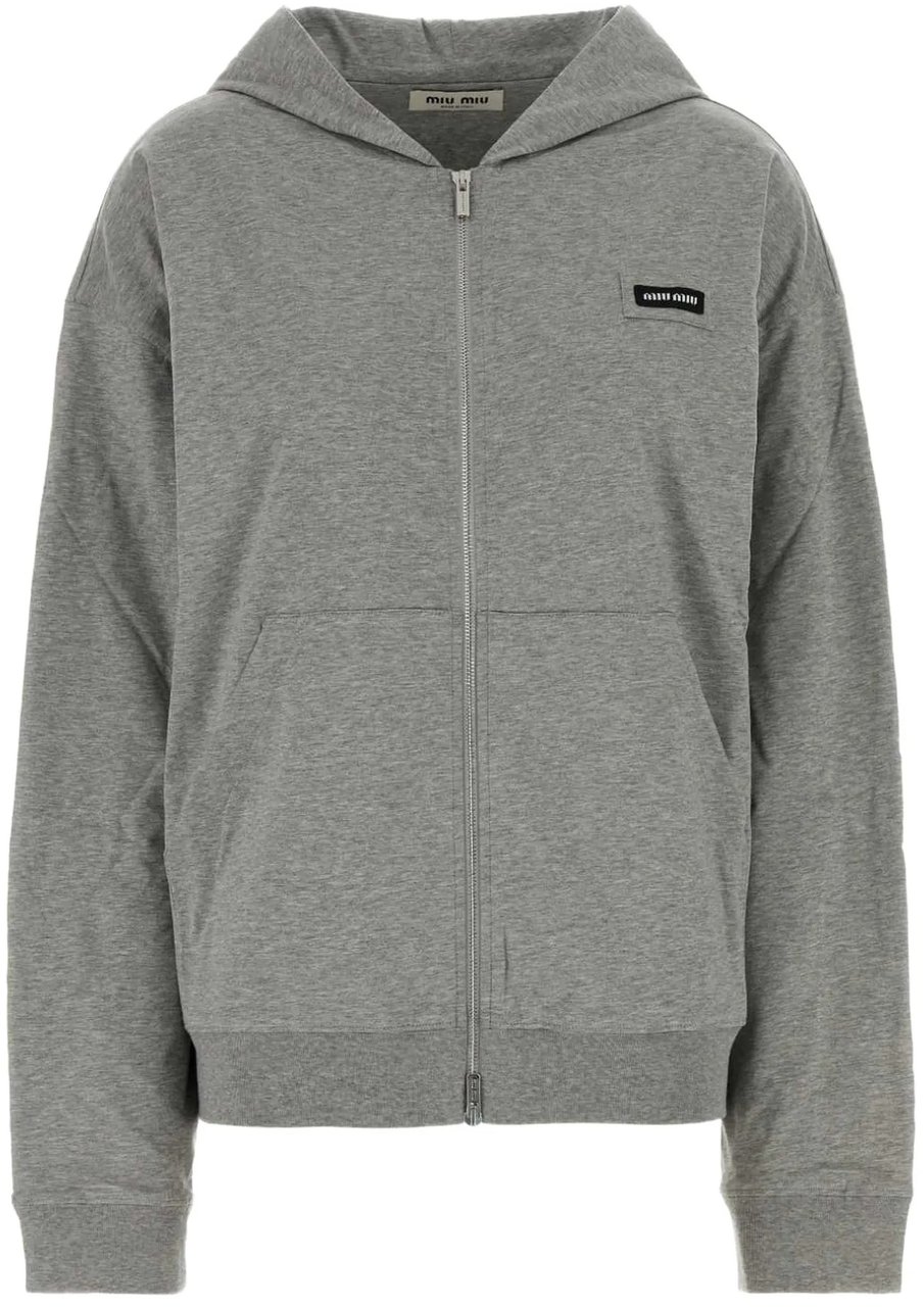 Miu Miu Zip-Up Hoodie with Relaxed Fit and Signature Patch Grijs