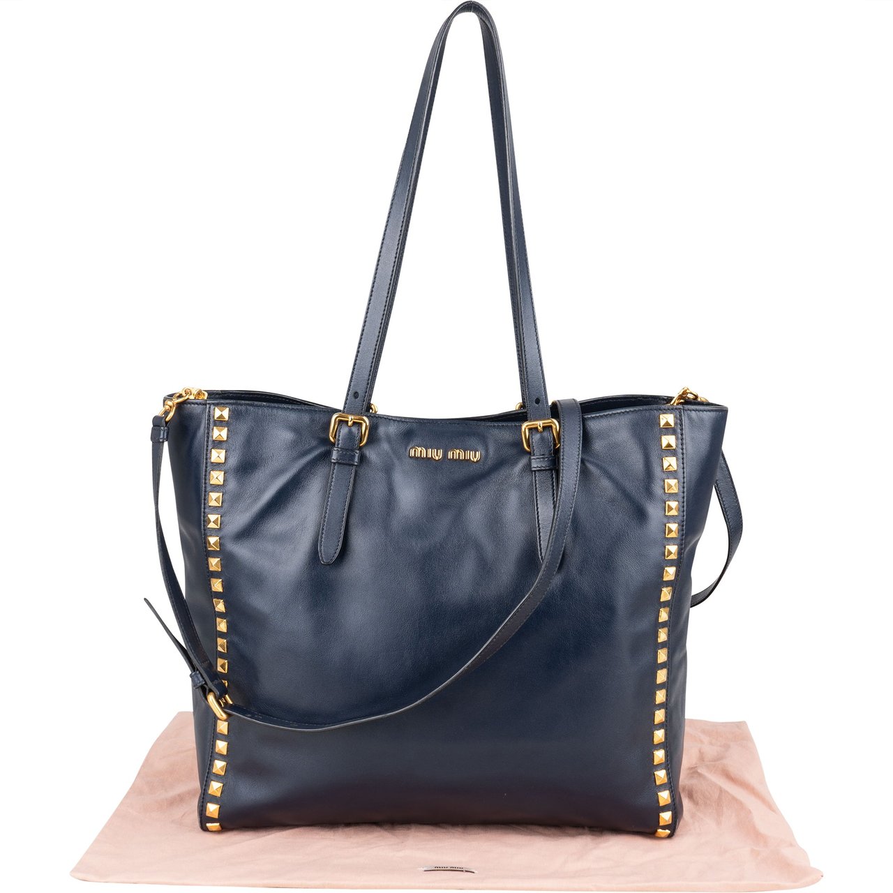 Miu Miu Miu Miu Blue Leather Spikes Shoulder Bag Blauw