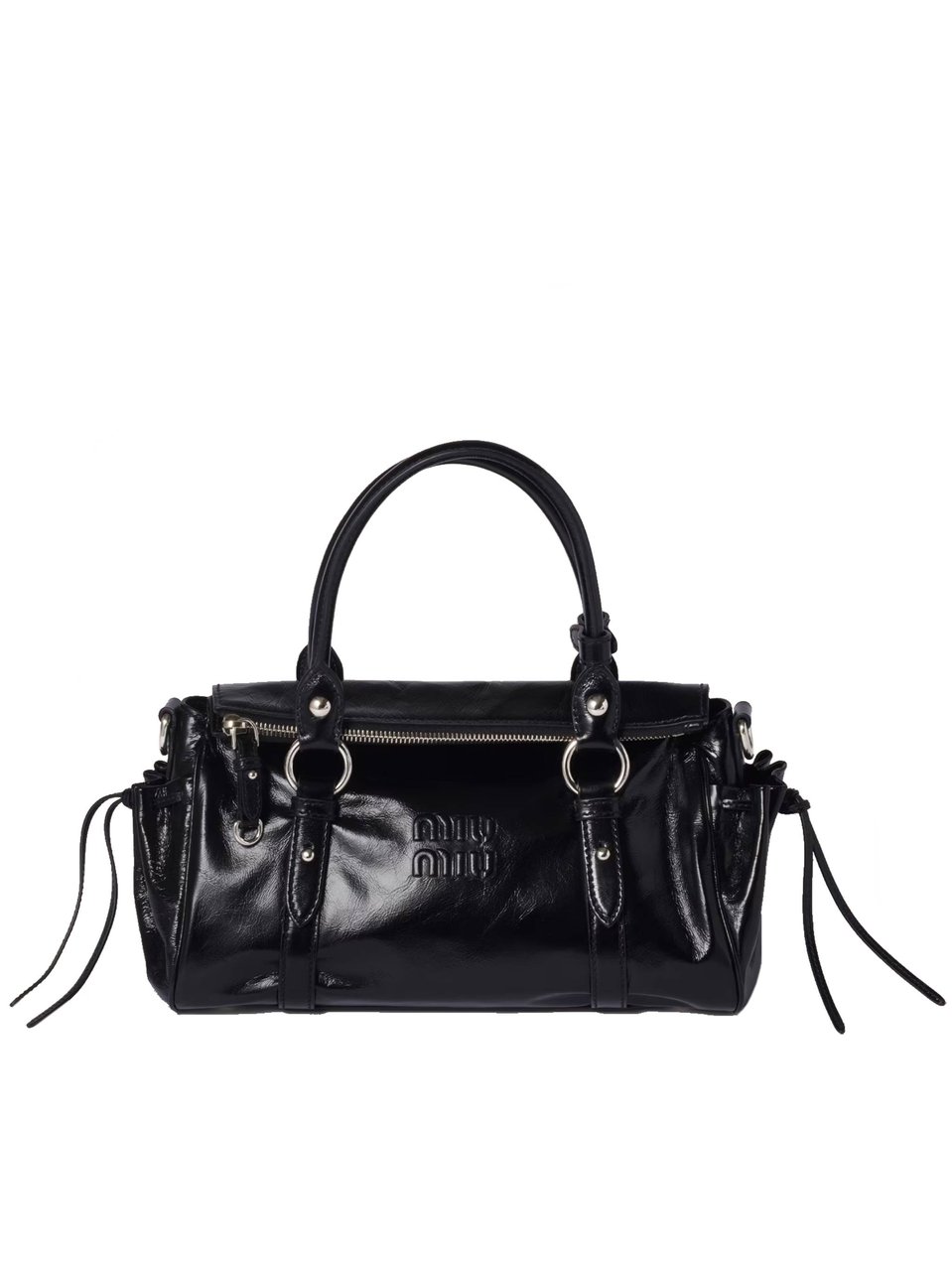 Miu Miu Black Patent Leather Drawstring Shoulder Bag Zwart