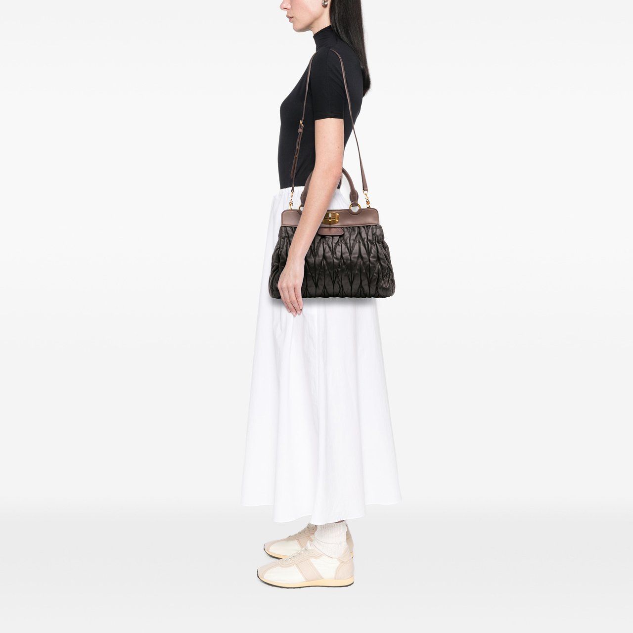 Miu Miu Matelasse Leather Turnlock Tote Zwart