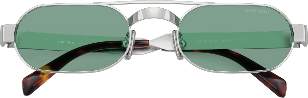 Miu Miu Rectangular Green Lens Sunglasses With Silver Metal Frame Grijs