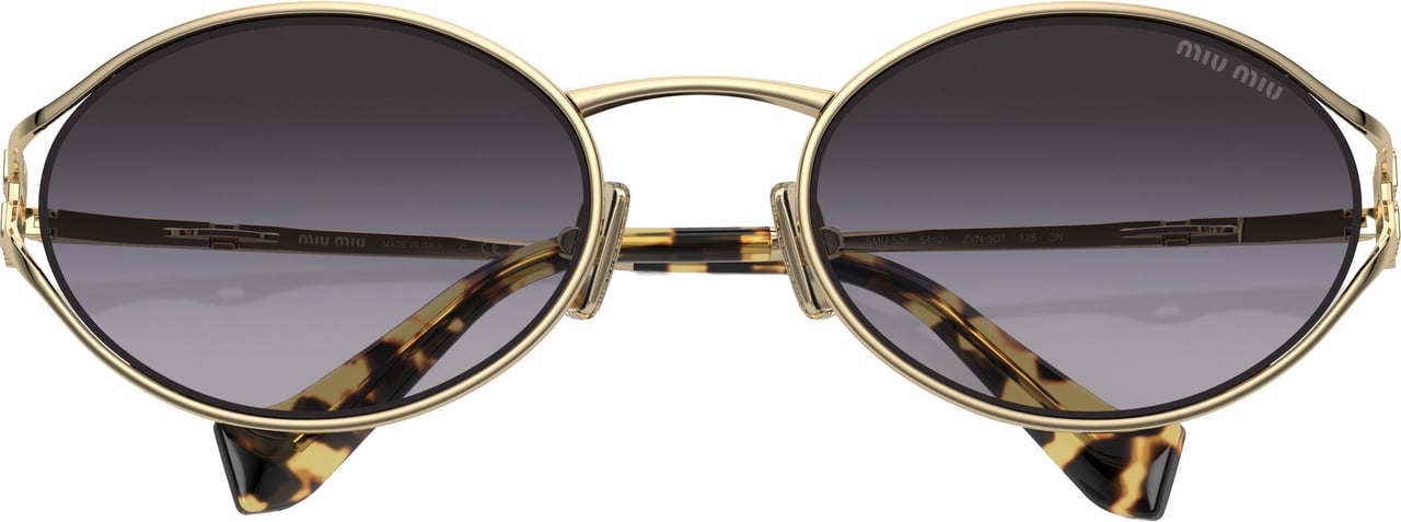 Miu Miu Oval-Shaped Gold Metal Frame Sunglasses With Tortoiseshell Temple Tips Grijs