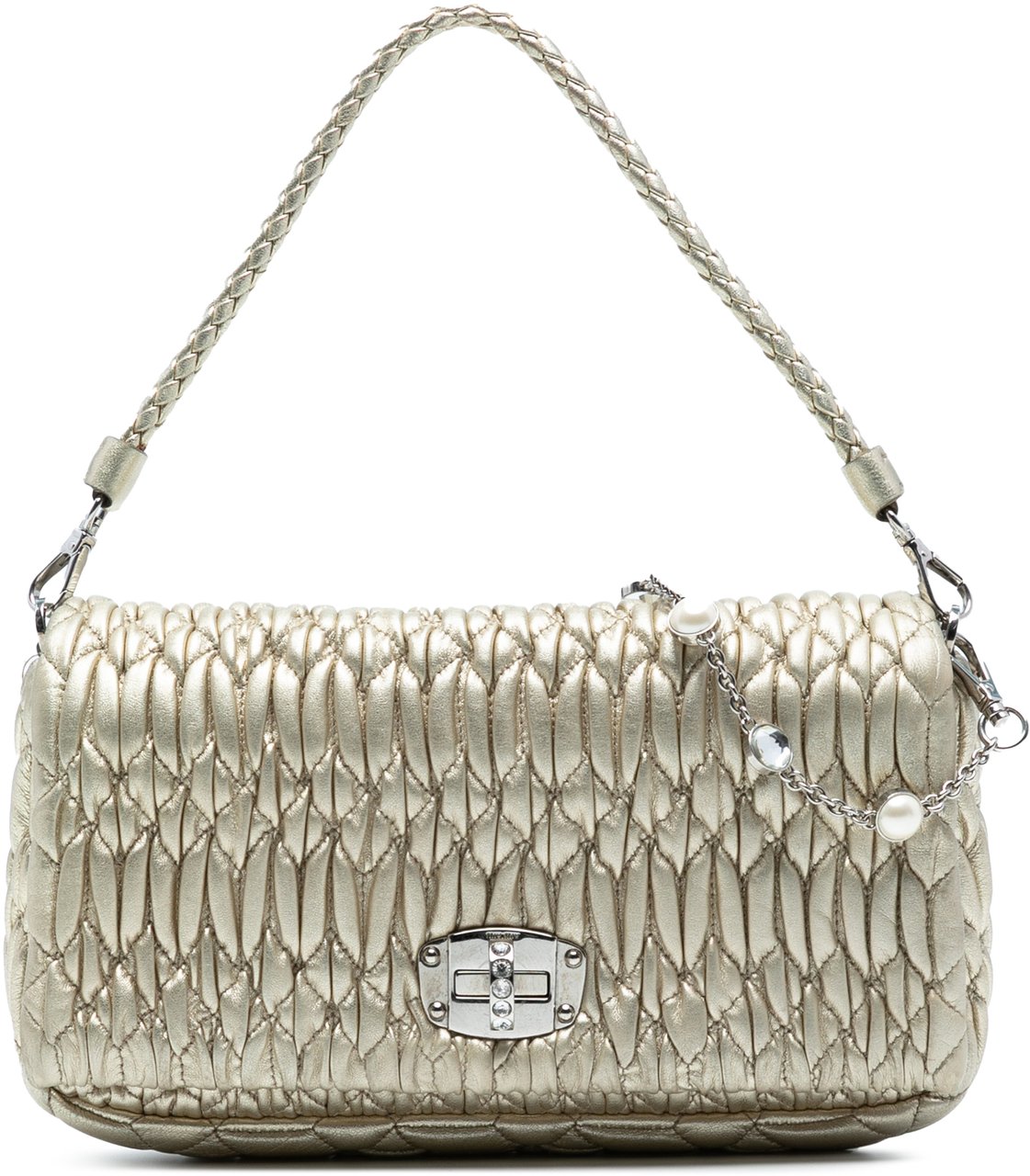 Miu Miu Matelasse Nappa Crystal Chain Satchel Goud