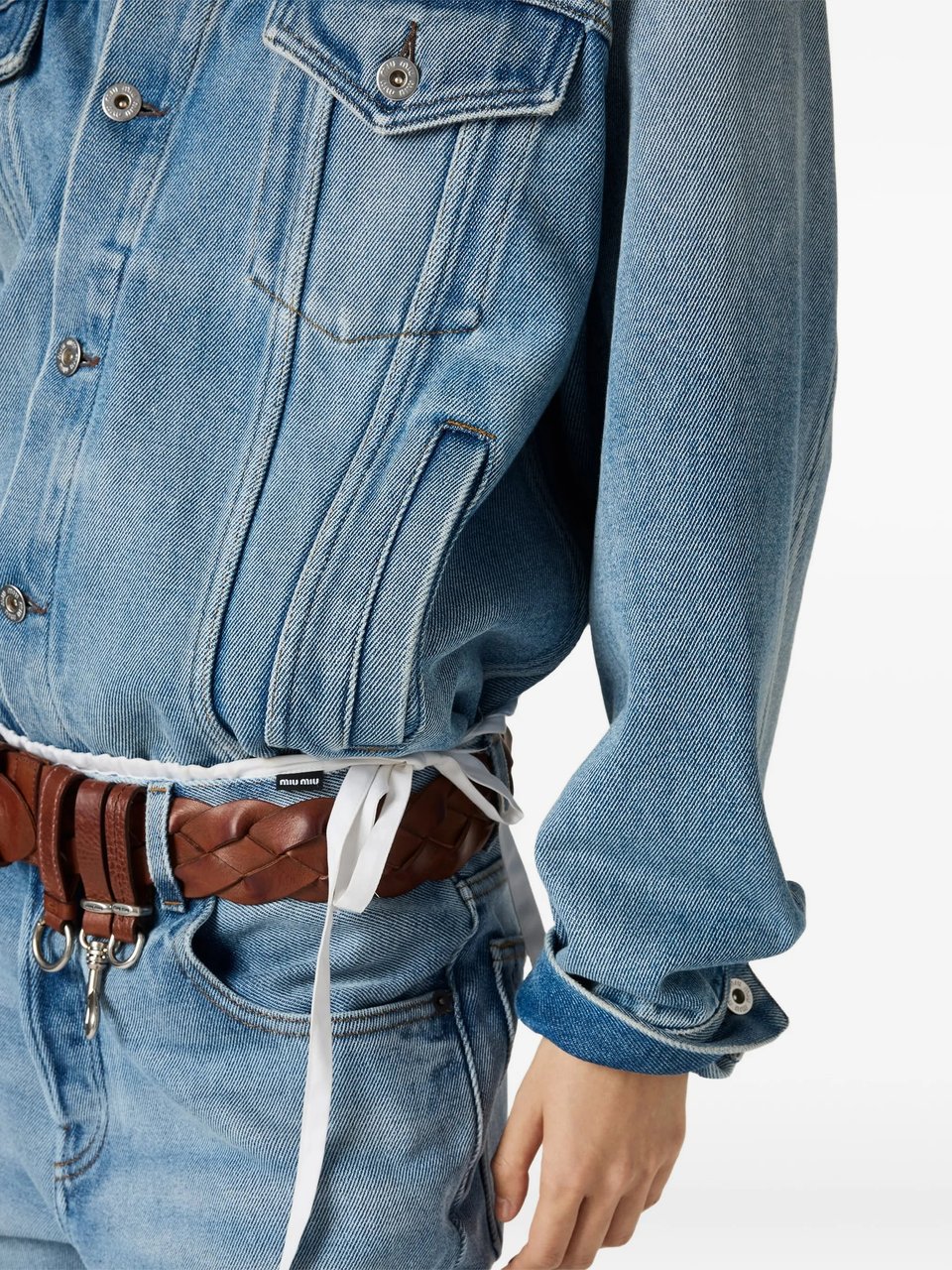 Miu Miu Light Blue Denim Leather Collar Jacket Blauw